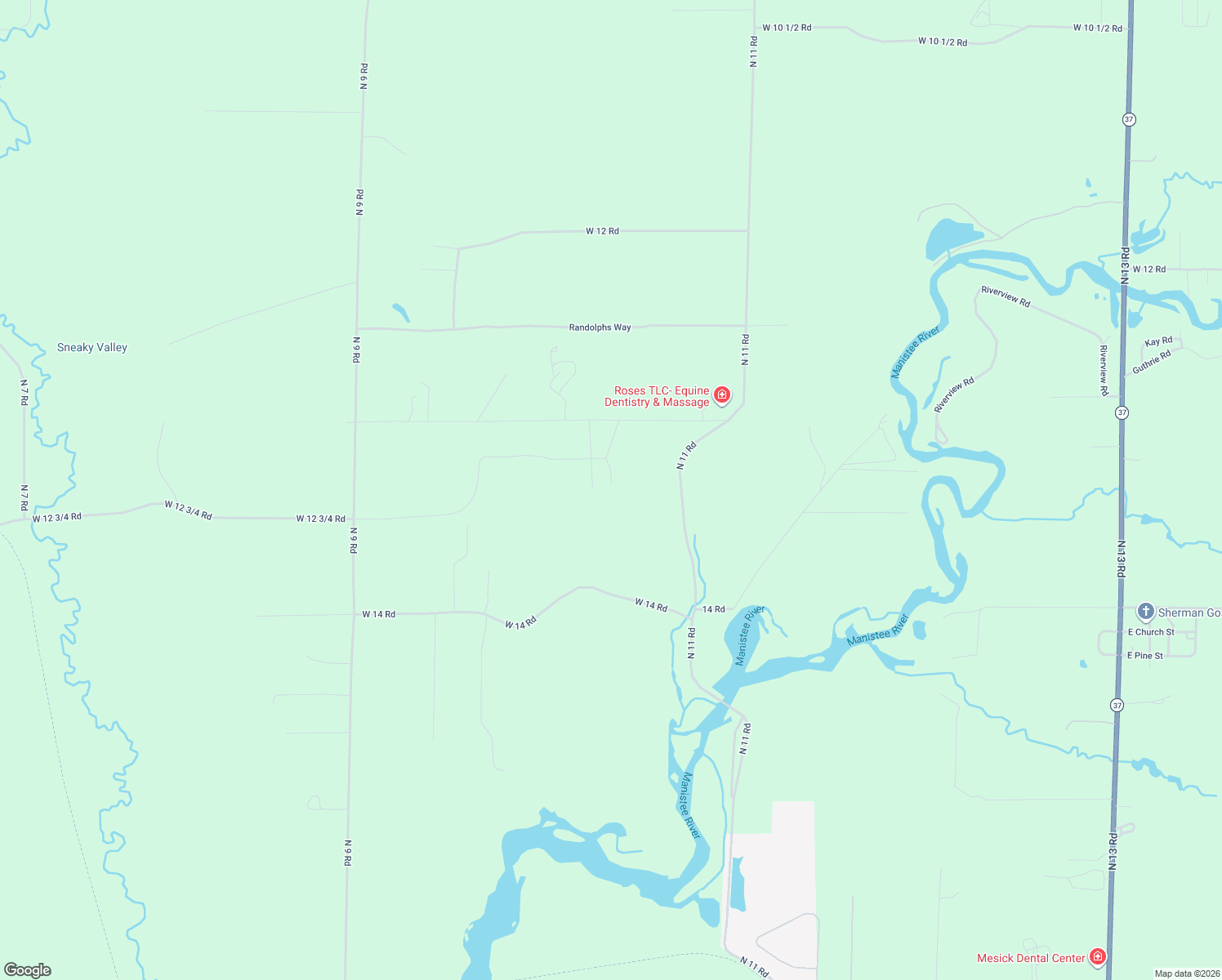 map of restaurants, bars, coffee shops, grocery stores, and more near 7313 12 1/2 Road in Mesick