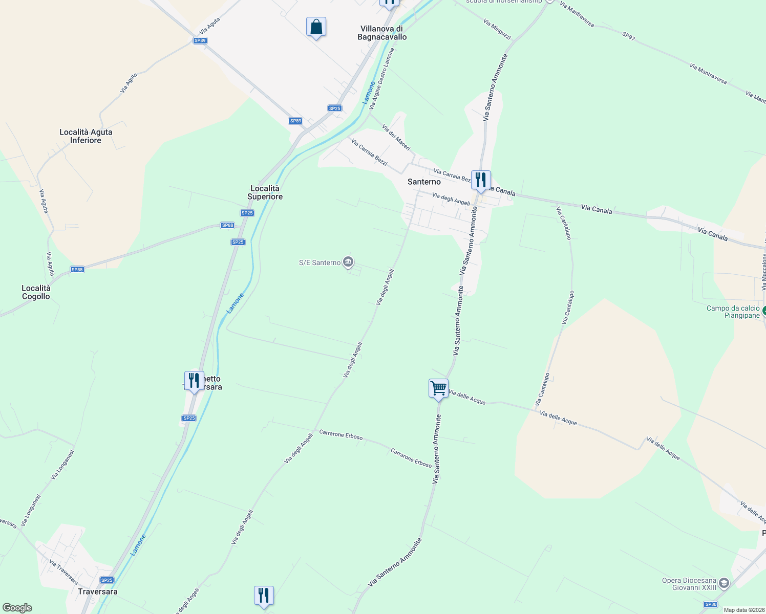 map of restaurants, bars, coffee shops, grocery stores, and more near 144 Via degli Angeli in Provincia di Ravenna