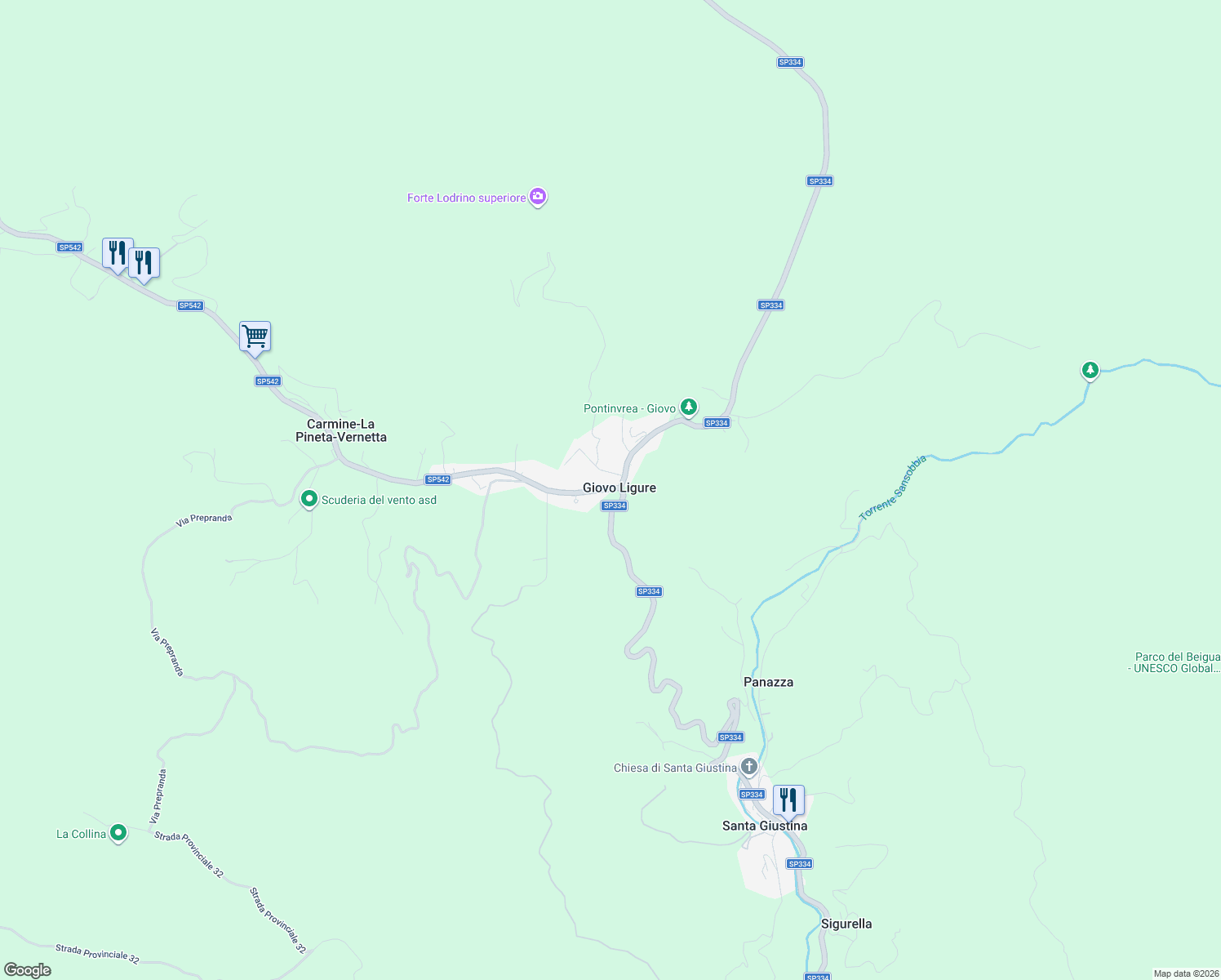 map of restaurants, bars, coffee shops, grocery stores, and more near 128 Via Giovo in Giovo Ligure