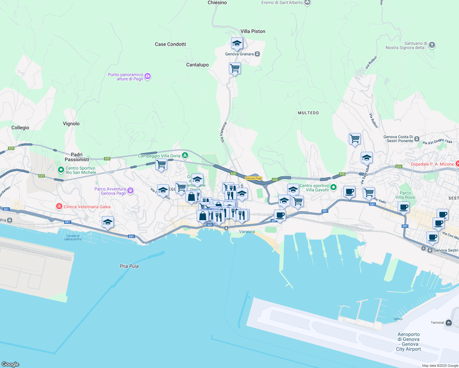 map of restaurants, bars, coffee shops, grocery stores, and more near Via XVIII Fanciulli in Genoa