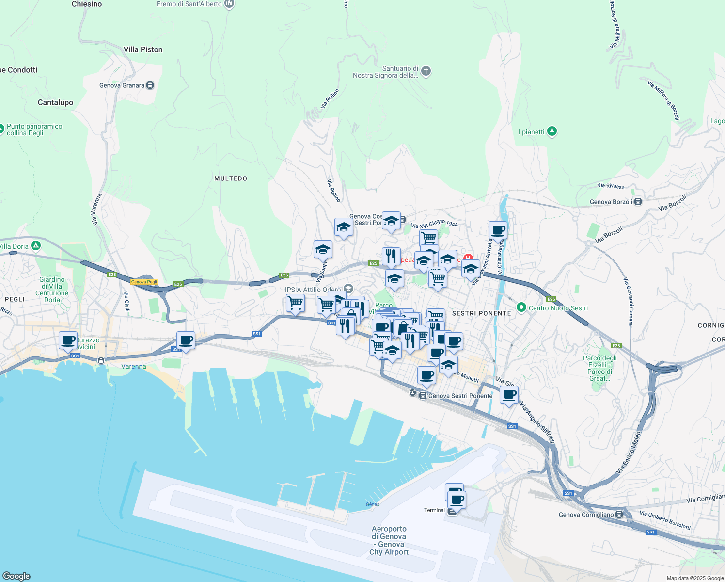 map of restaurants, bars, coffee shops, grocery stores, and more near 11 Via Antonio Manno in Genova