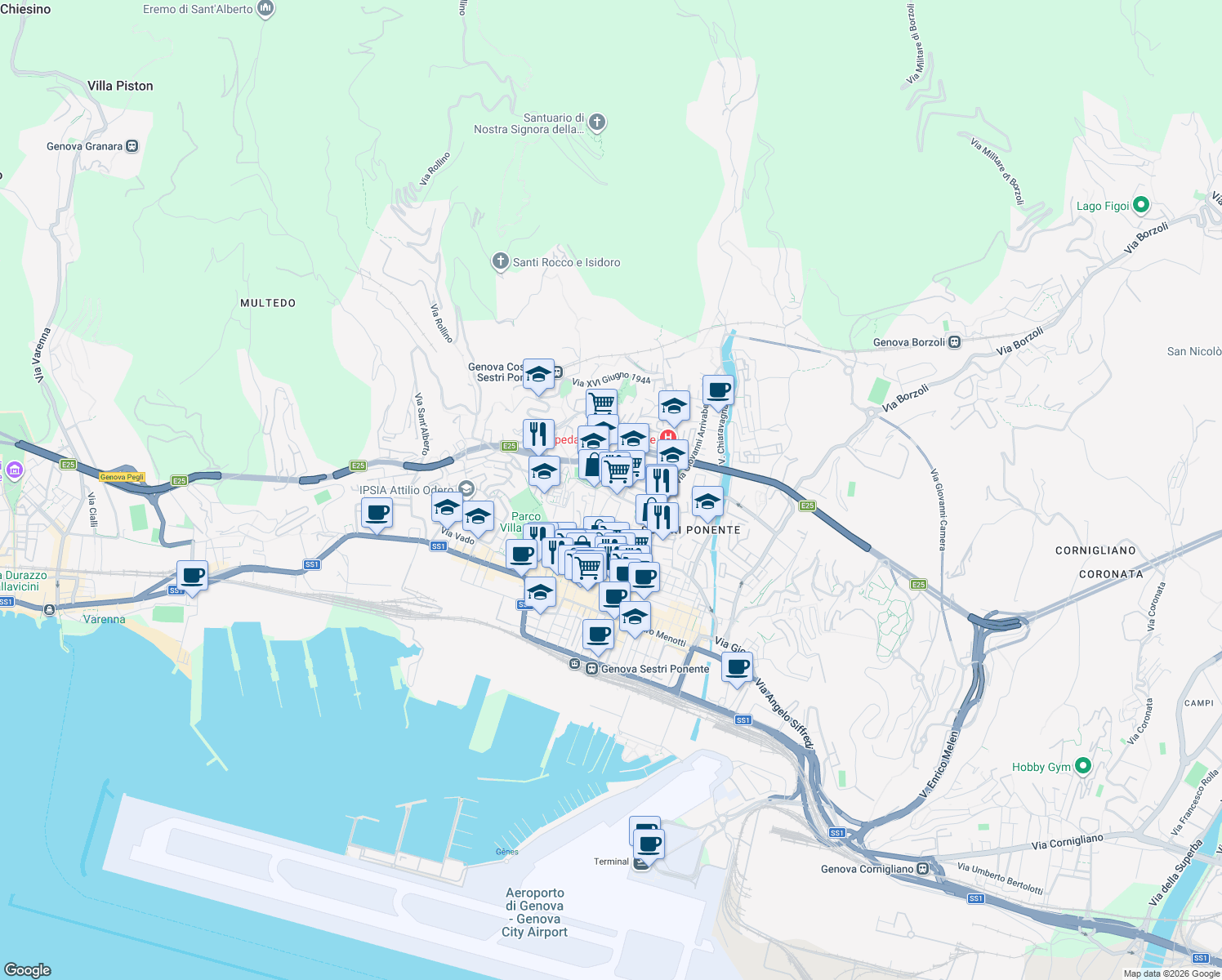 map of restaurants, bars, coffee shops, grocery stores, and more near 14 Via San Luigi in Genoa