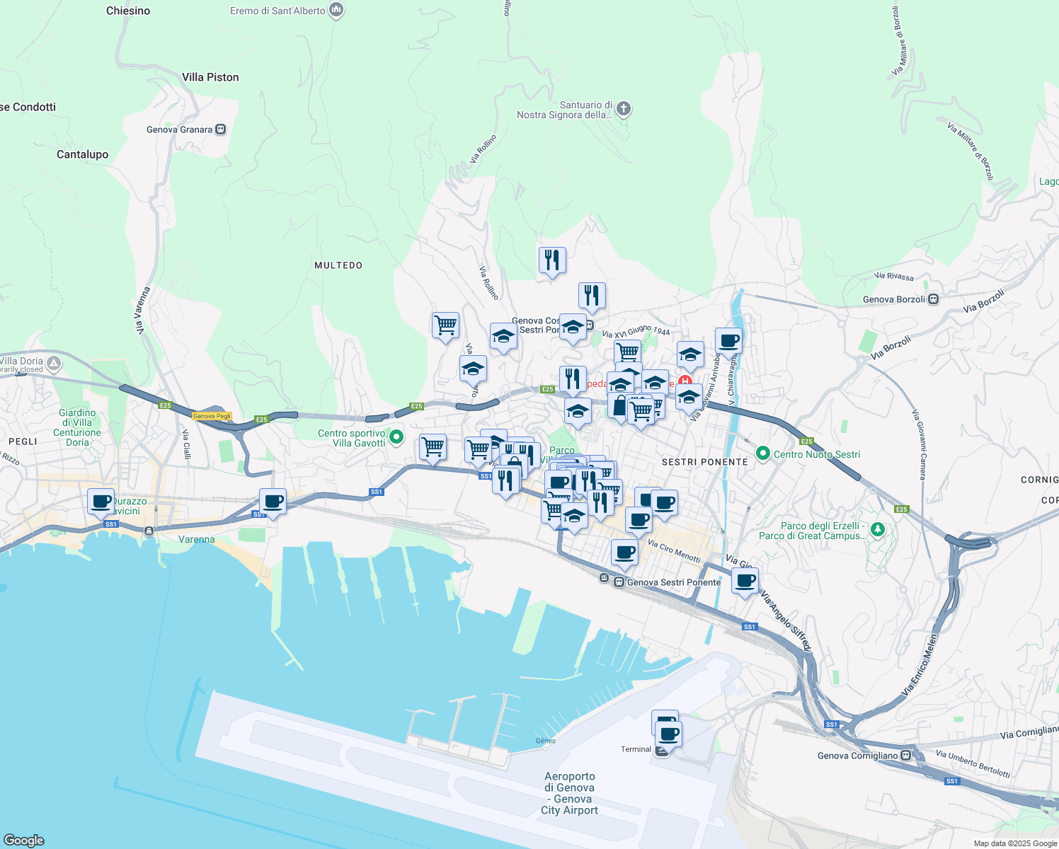 map of restaurants, bars, coffee shops, grocery stores, and more near 16 Via Gian Pietro Sery in Genova