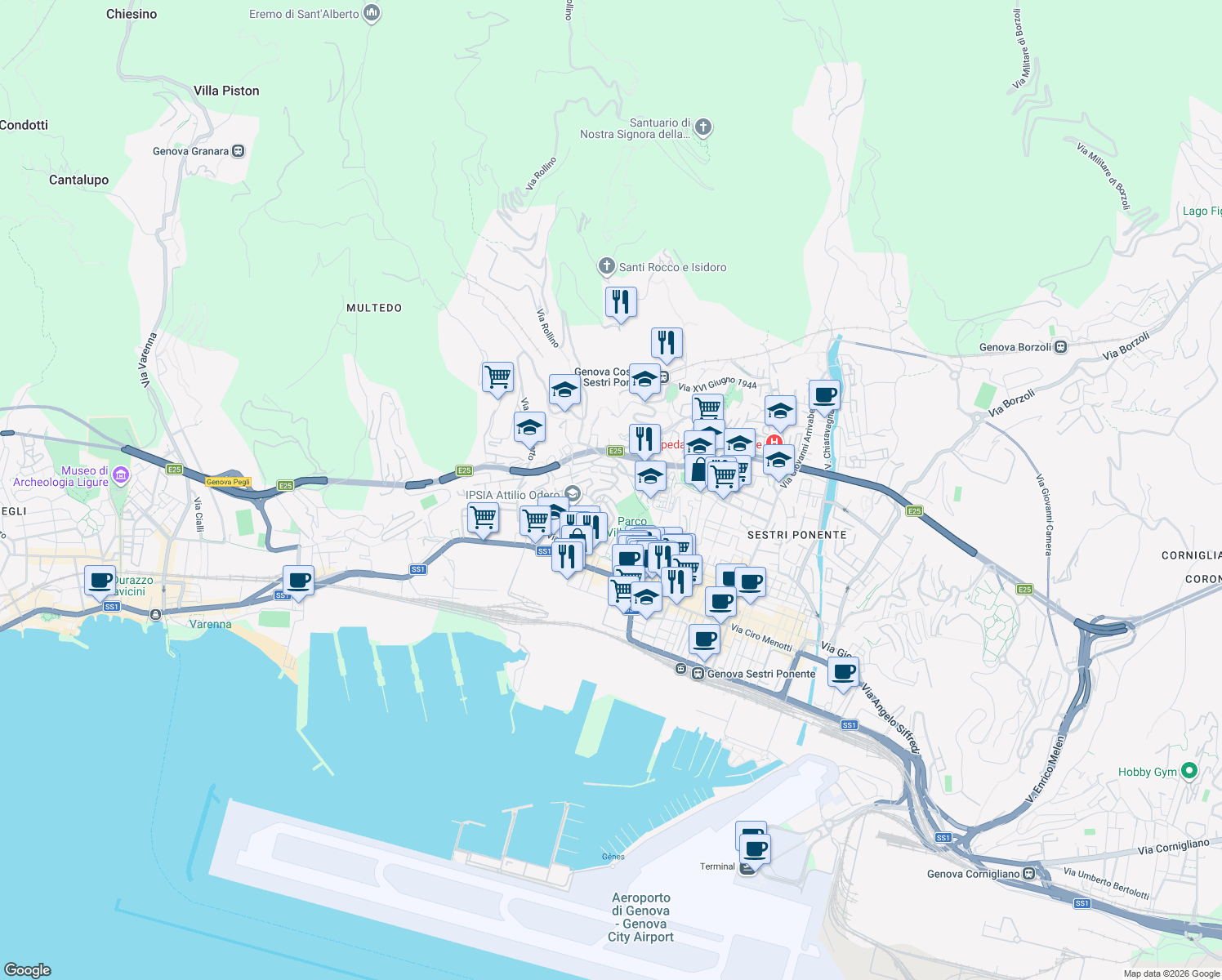 map of restaurants, bars, coffee shops, grocery stores, and more near 16a Via Gian Pietro Sery in Genova