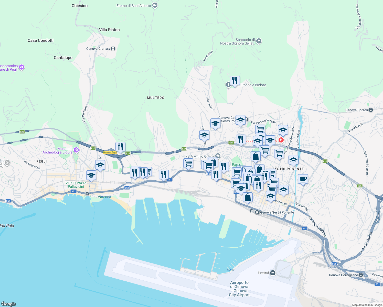 map of restaurants, bars, coffee shops, grocery stores, and more near Viale Villini Rollino in Genoa