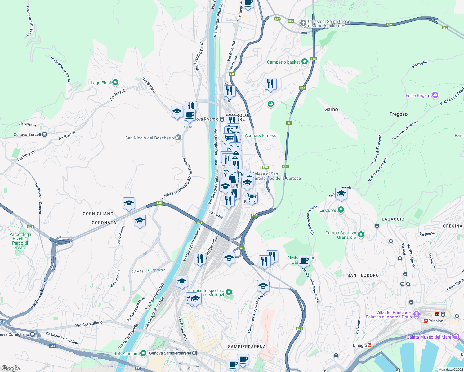 map of restaurants, bars, coffee shops, grocery stores, and more near 5 Piazza Errico Petrella in Genova