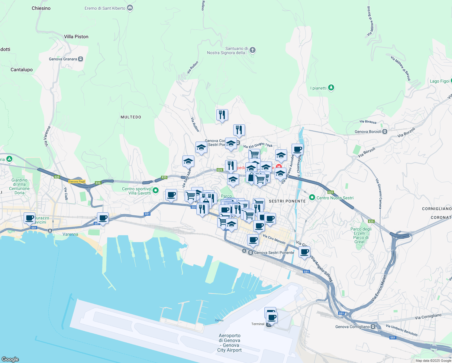 map of restaurants, bars, coffee shops, grocery stores, and more near Salita Cataldi in Genoa