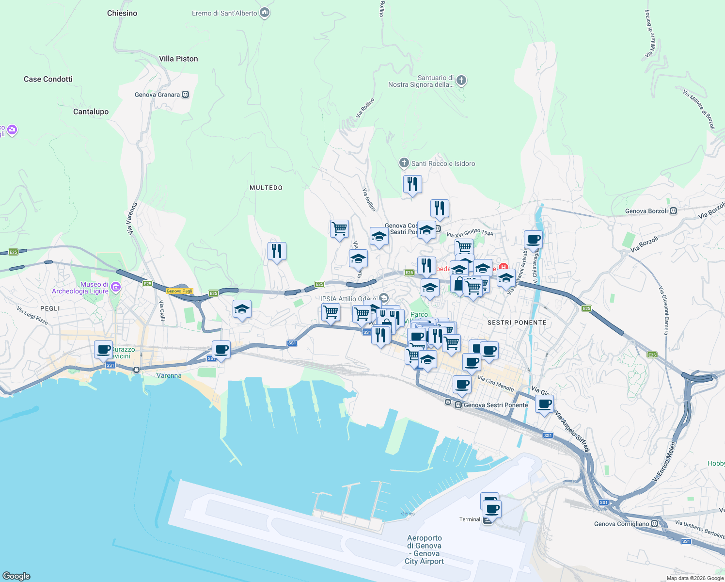 map of restaurants, bars, coffee shops, grocery stores, and more near Autostrada dei Fiori in Genova
