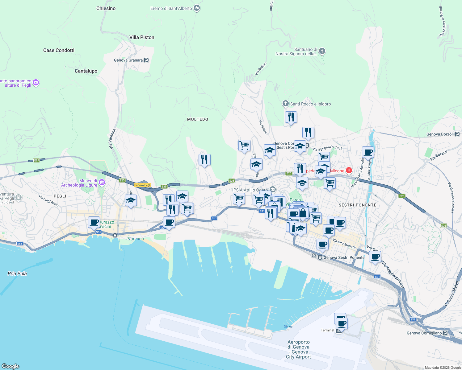 map of restaurants, bars, coffee shops, grocery stores, and more near 90 Viale Villini Rollino in Genova