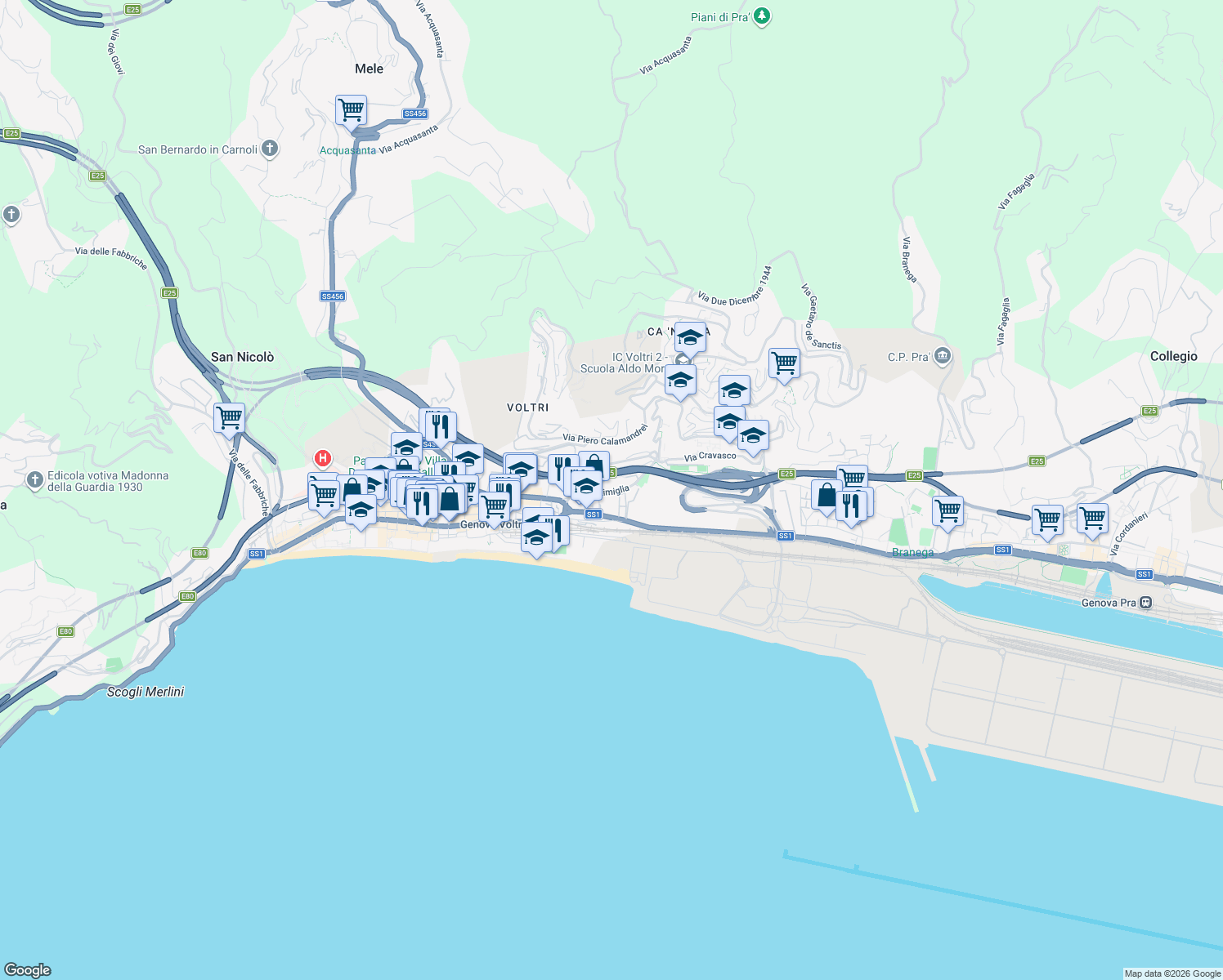 map of restaurants, bars, coffee shops, grocery stores, and more near 93 Via Ventimiglia in Genova