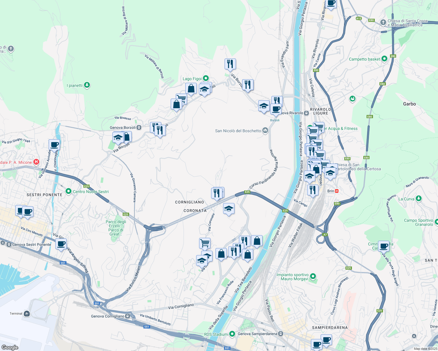 map of restaurants, bars, coffee shops, grocery stores, and more near 6 Via del Boschetto in Genova
