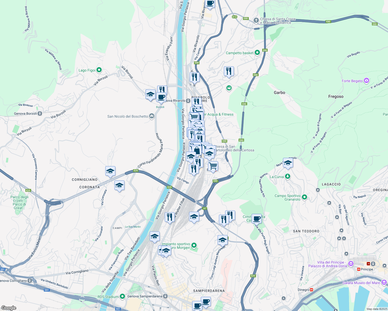 map of restaurants, bars, coffee shops, grocery stores, and more near 5 Piazza Errico Petrella in Genova