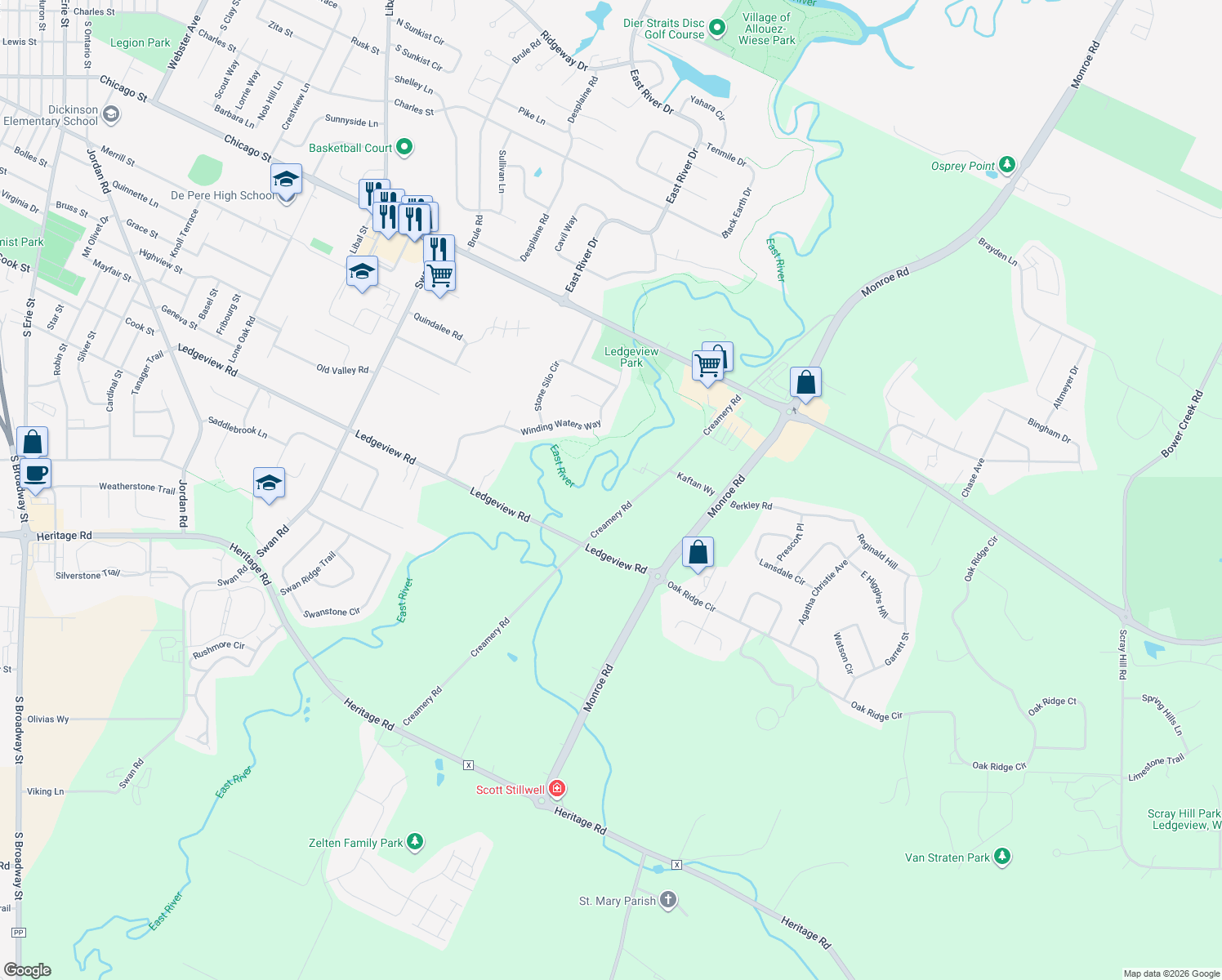 map of restaurants, bars, coffee shops, grocery stores, and more near 3890 Creamery Rd in De Pere