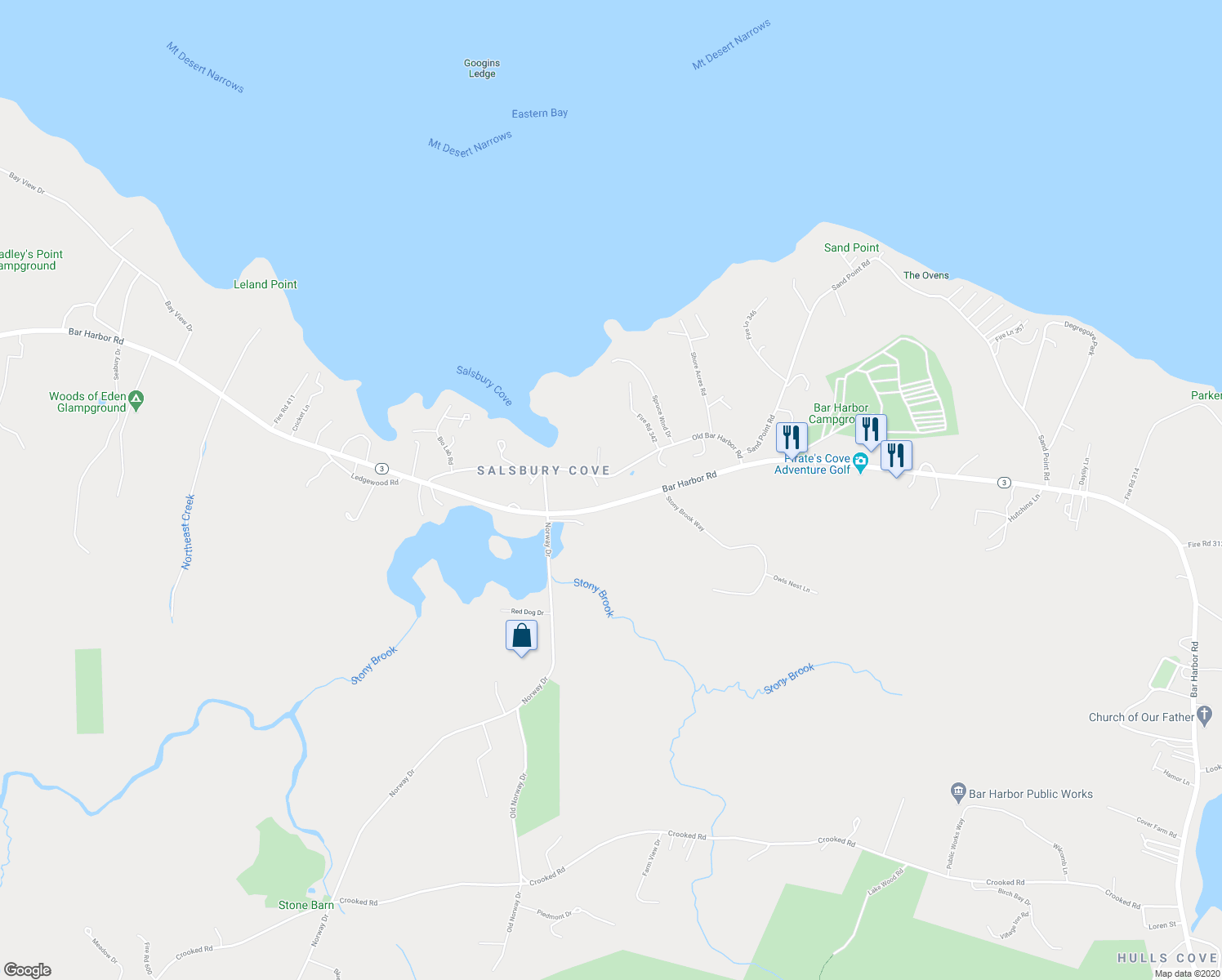 map of restaurants, bars, coffee shops, grocery stores, and more near 94 Old Bar Harbor Road in Bar Harbor