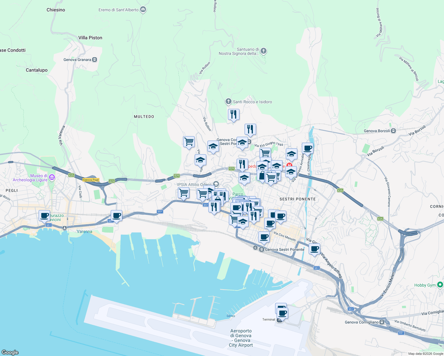 map of restaurants, bars, coffee shops, grocery stores, and more near 16a Via Gian Pietro Sery in Genova