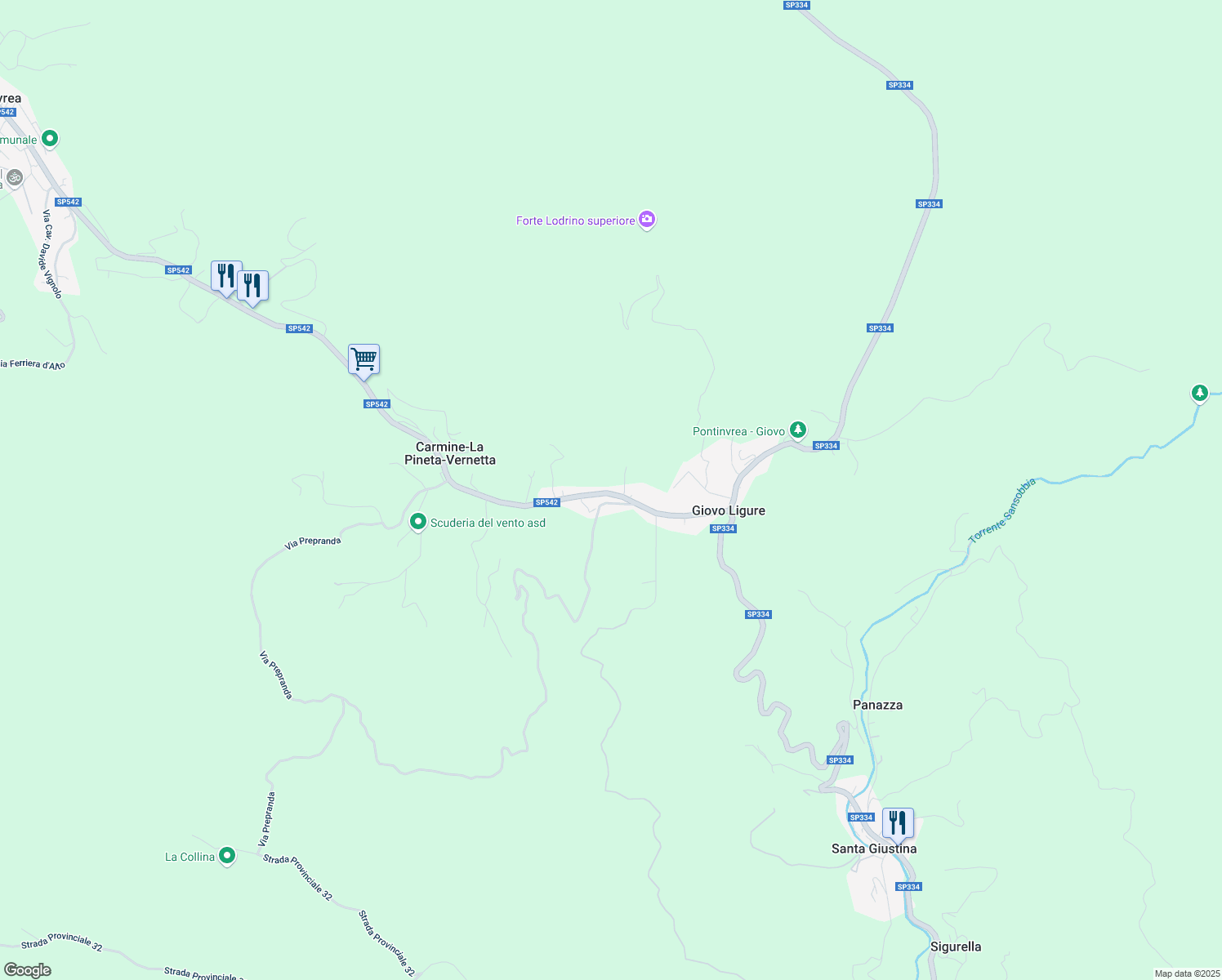 map of restaurants, bars, coffee shops, grocery stores, and more near 129 Via Giovo in Giovo Ligure