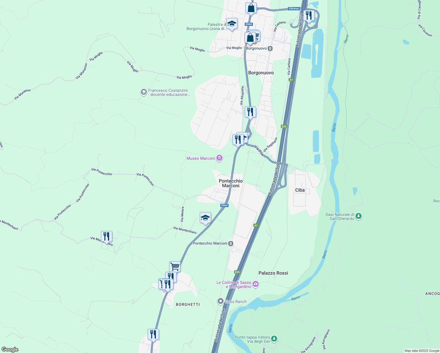 map of restaurants, bars, coffee shops, grocery stores, and more near 112 Via Porrettana in Pontecchio Marconi