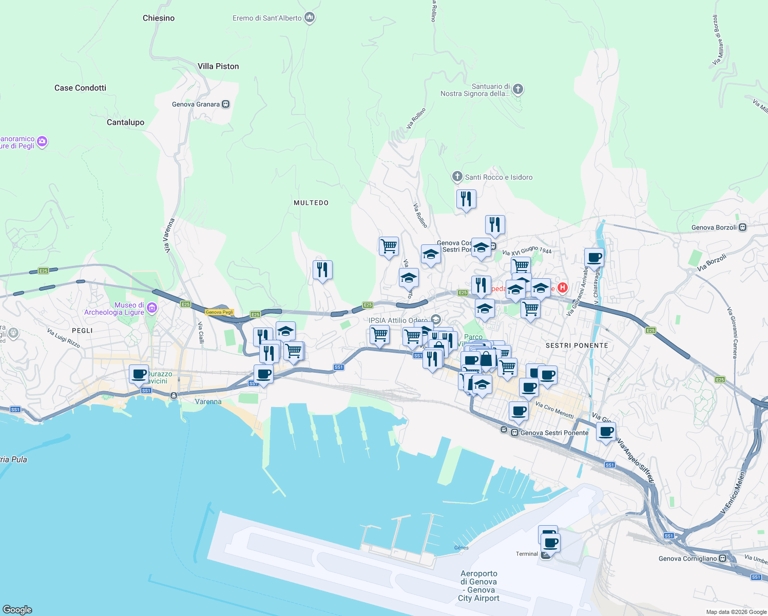 map of restaurants, bars, coffee shops, grocery stores, and more near Viale Villini Rollino in Genoa