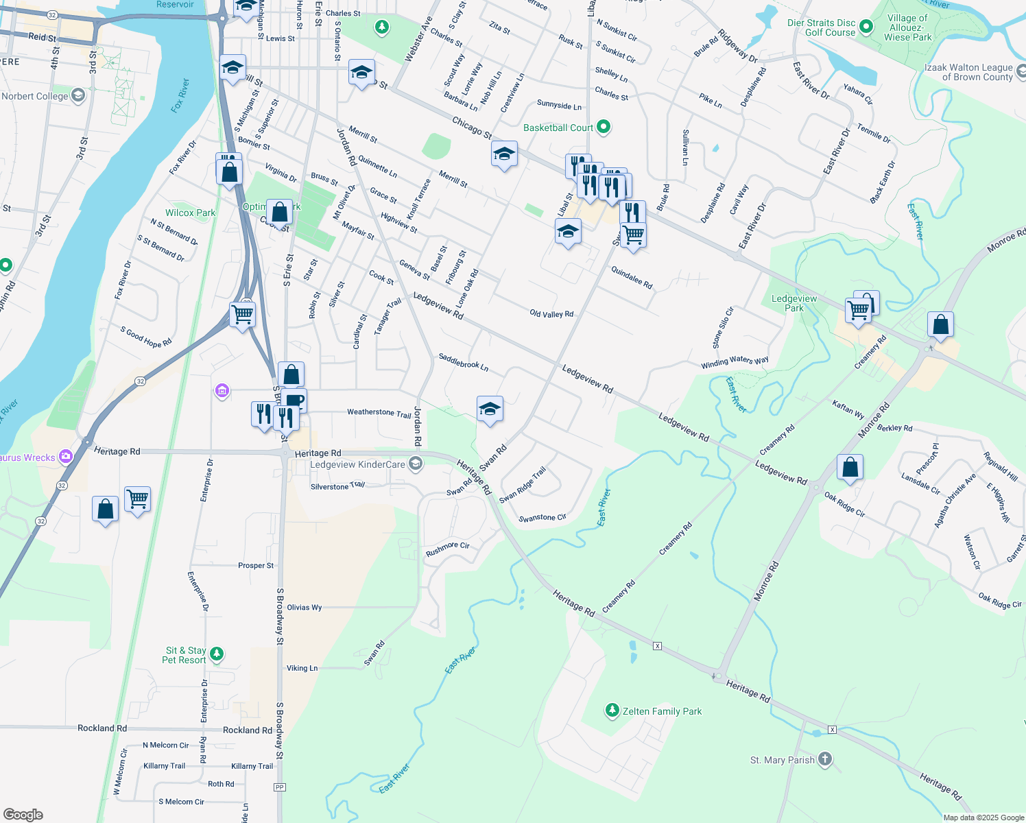 map of restaurants, bars, coffee shops, grocery stores, and more near 1882 Horseshoe Court in De Pere