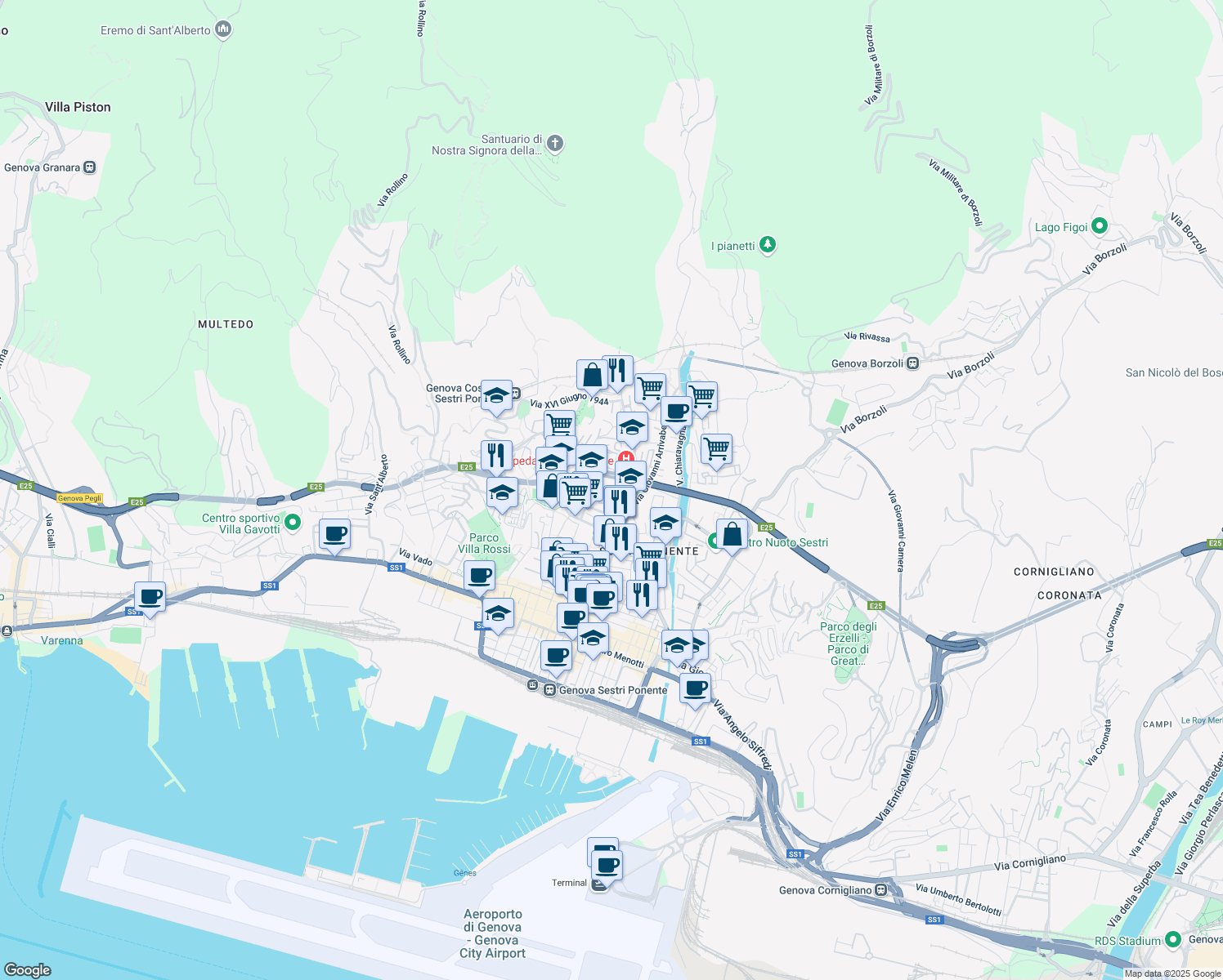 map of restaurants, bars, coffee shops, grocery stores, and more near 10 Via Domenico Oliva in Genoa