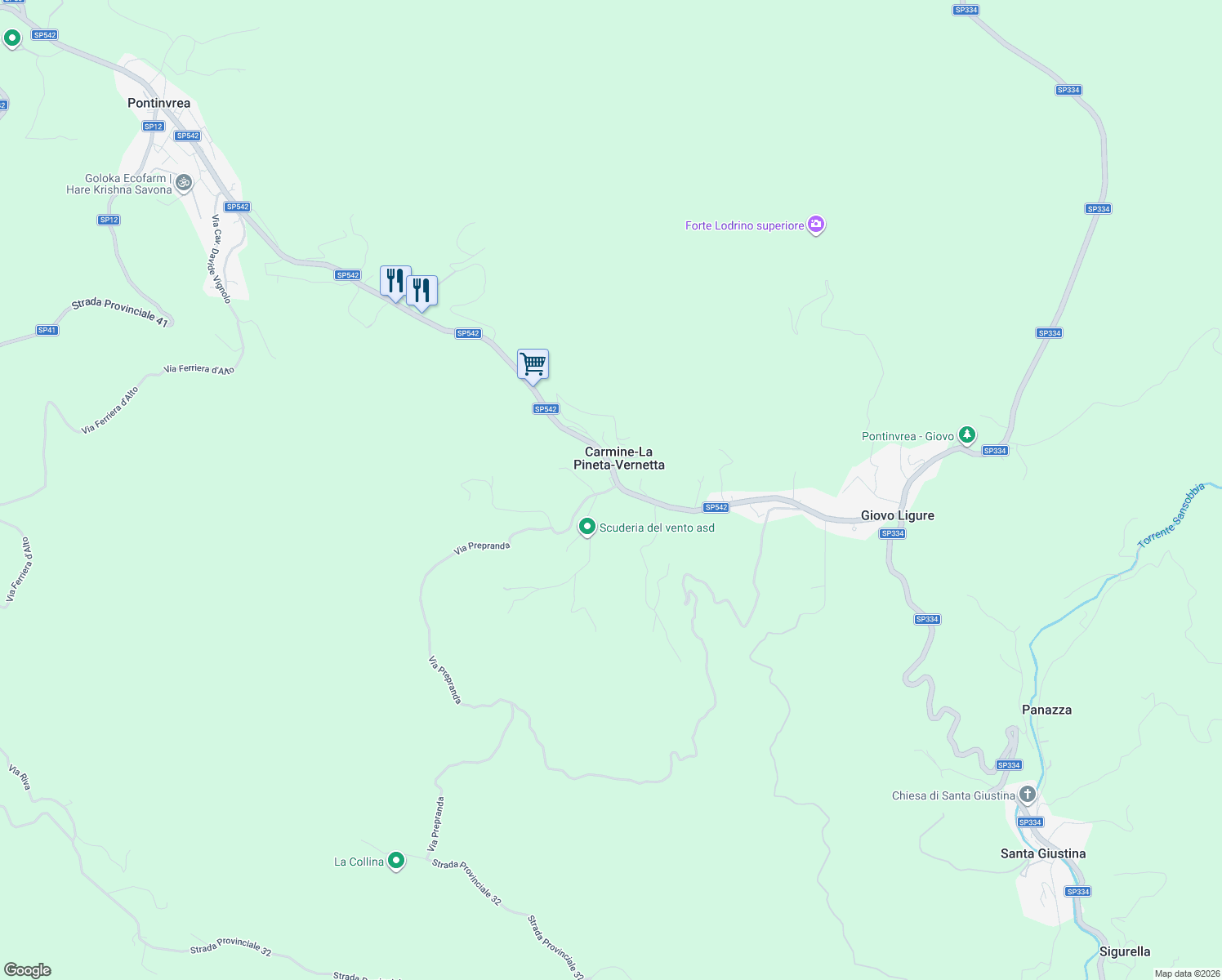 map of restaurants, bars, coffee shops, grocery stores, and more near 28 Via Vernetta in Carmine-la Pineta-vernetta
