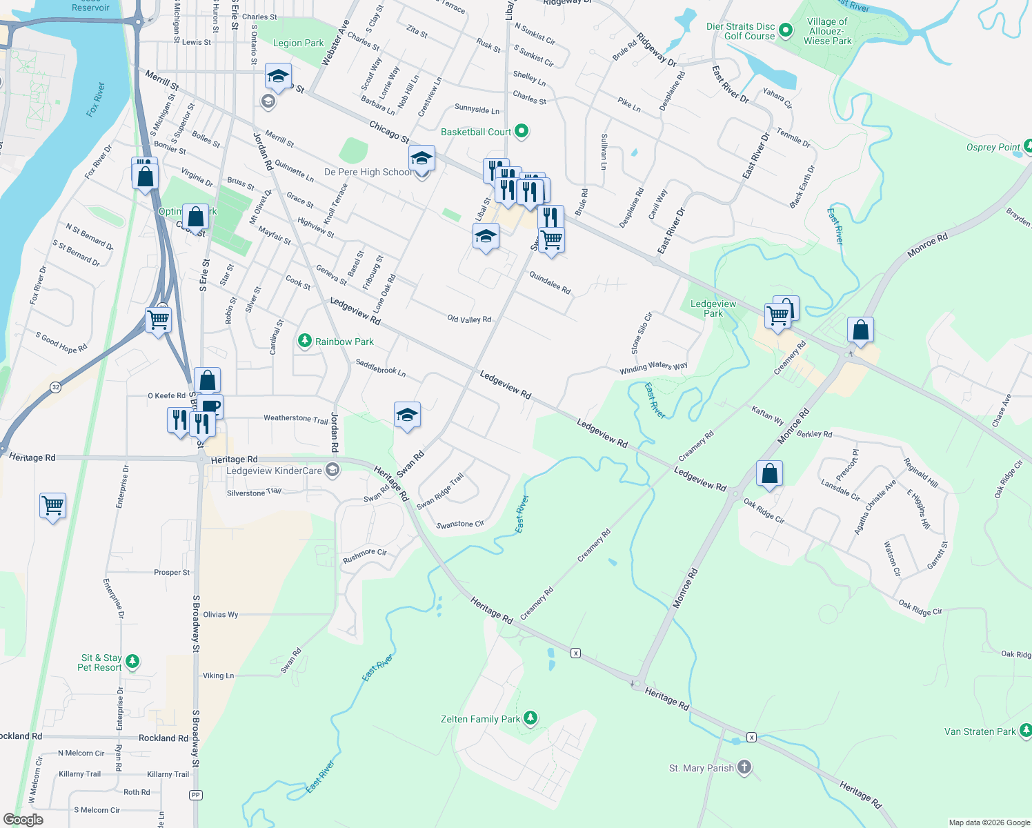 map of restaurants, bars, coffee shops, grocery stores, and more near 1988 Ledgeview Rd in De Pere
