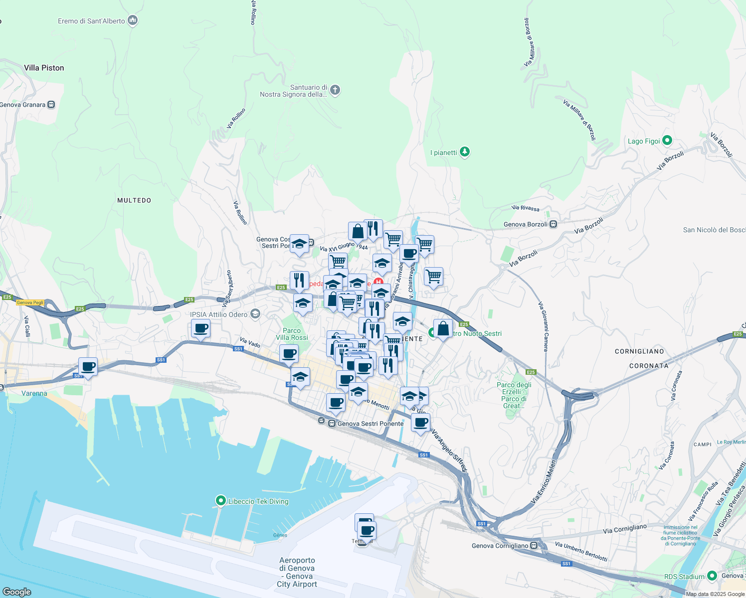 map of restaurants, bars, coffee shops, grocery stores, and more near 10 Via Domenico Oliva in Genoa