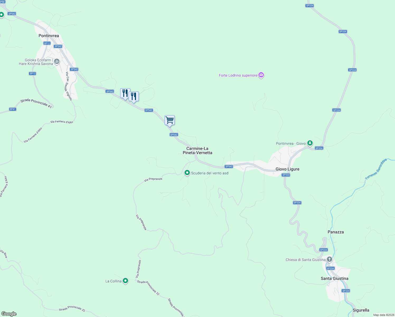 map of restaurants, bars, coffee shops, grocery stores, and more near 28 Via Vernetta in Carmine-la Pineta-vernetta