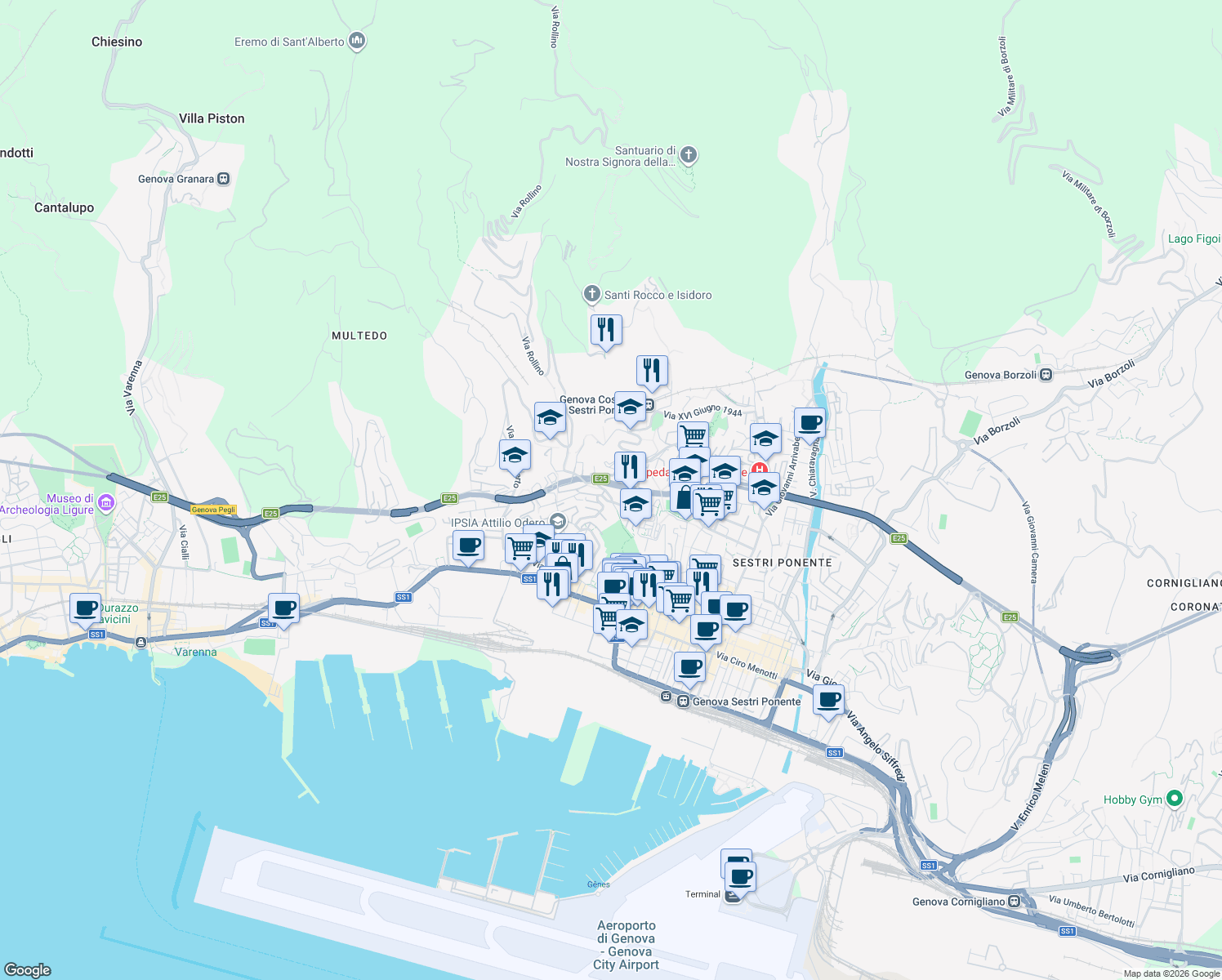 map of restaurants, bars, coffee shops, grocery stores, and more near Salita Cataldi in Genoa