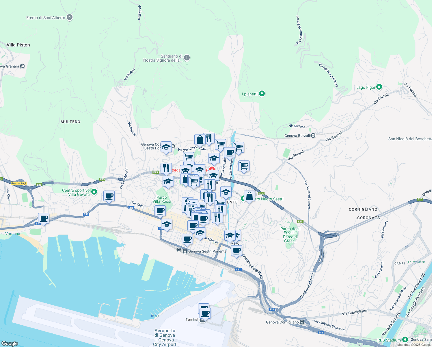 map of restaurants, bars, coffee shops, grocery stores, and more near 10 Via Domenico Oliva in Genoa