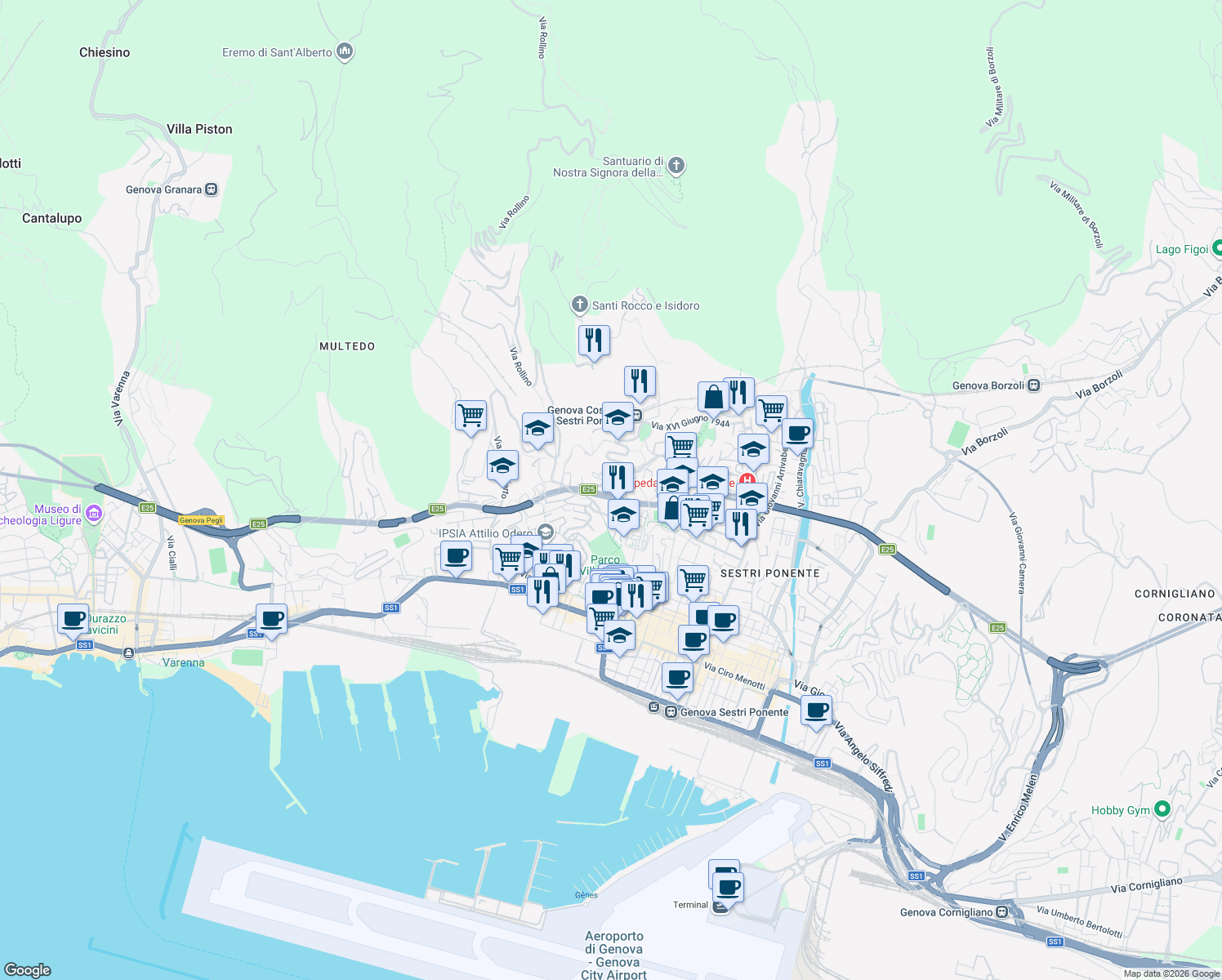 map of restaurants, bars, coffee shops, grocery stores, and more near 44 Via Jacopo Bonfadio in Genoa