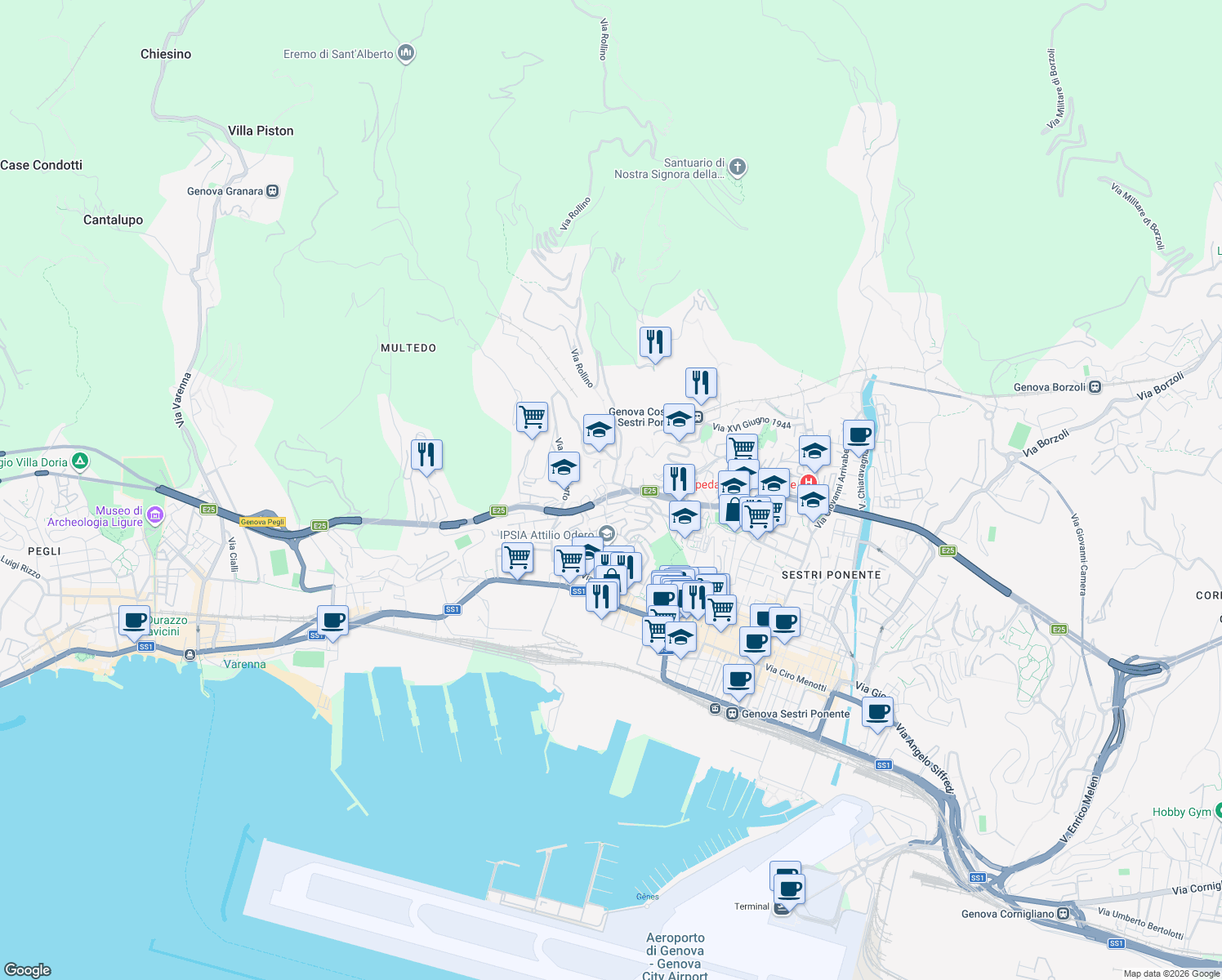 map of restaurants, bars, coffee shops, grocery stores, and more near Via Briscata in Genoa