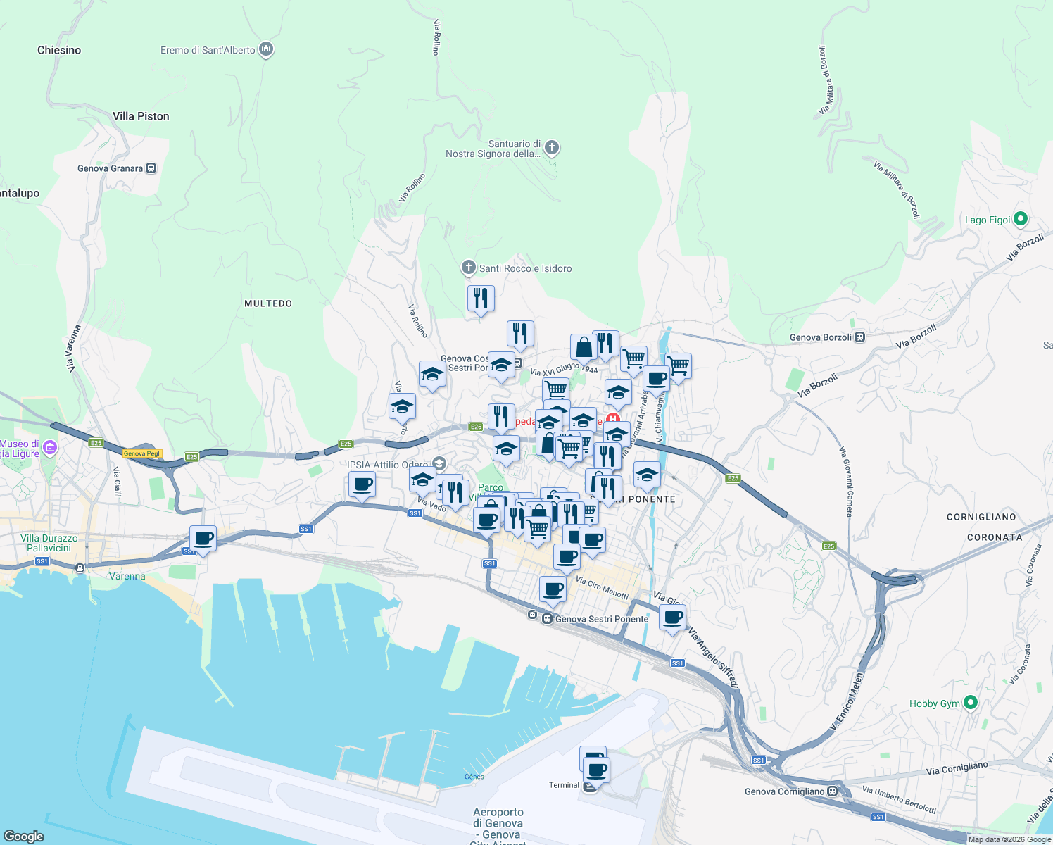 map of restaurants, bars, coffee shops, grocery stores, and more near Via Rio Maltempo in Genoa