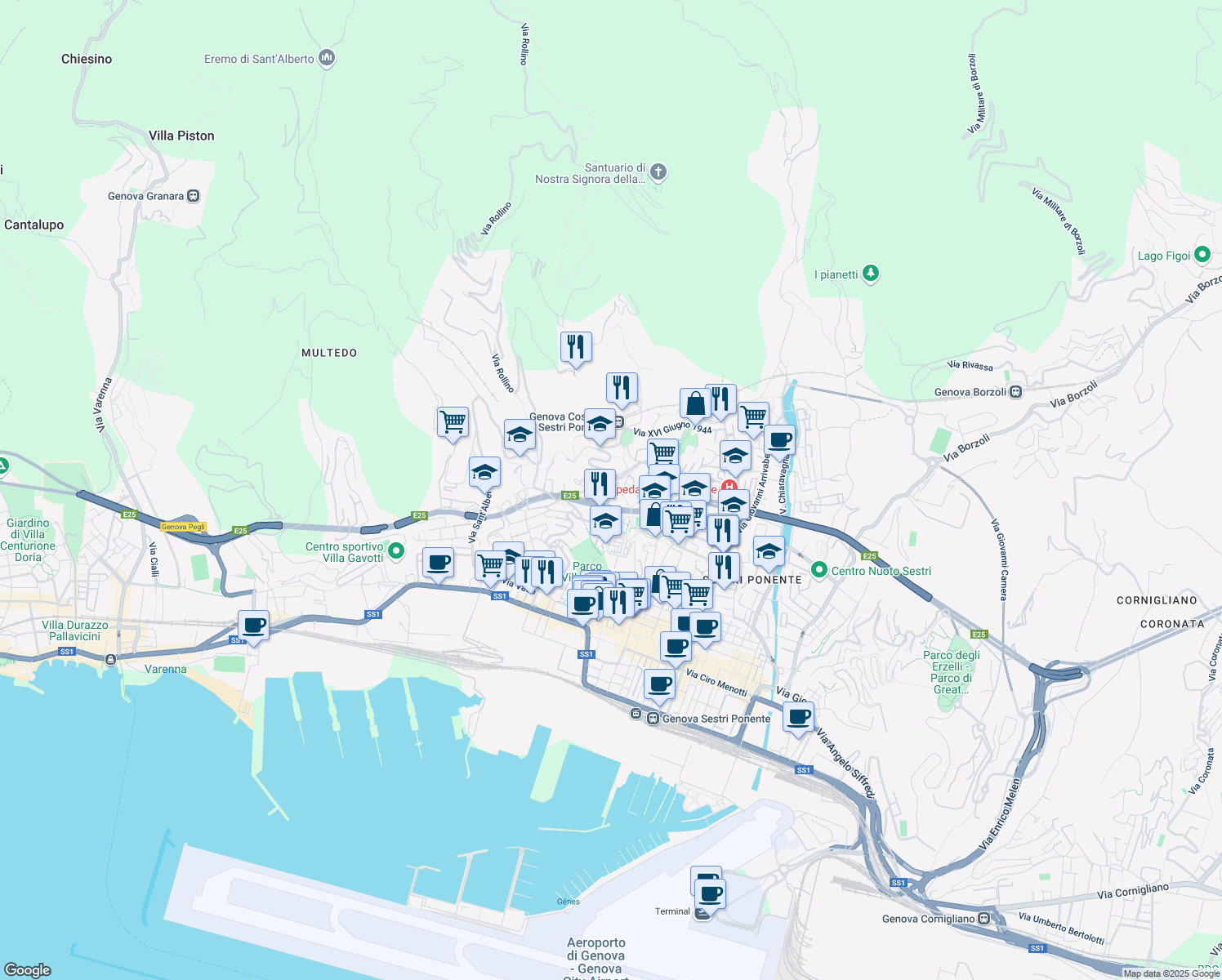 map of restaurants, bars, coffee shops, grocery stores, and more near Via Santa Maria della Costa in Genoa