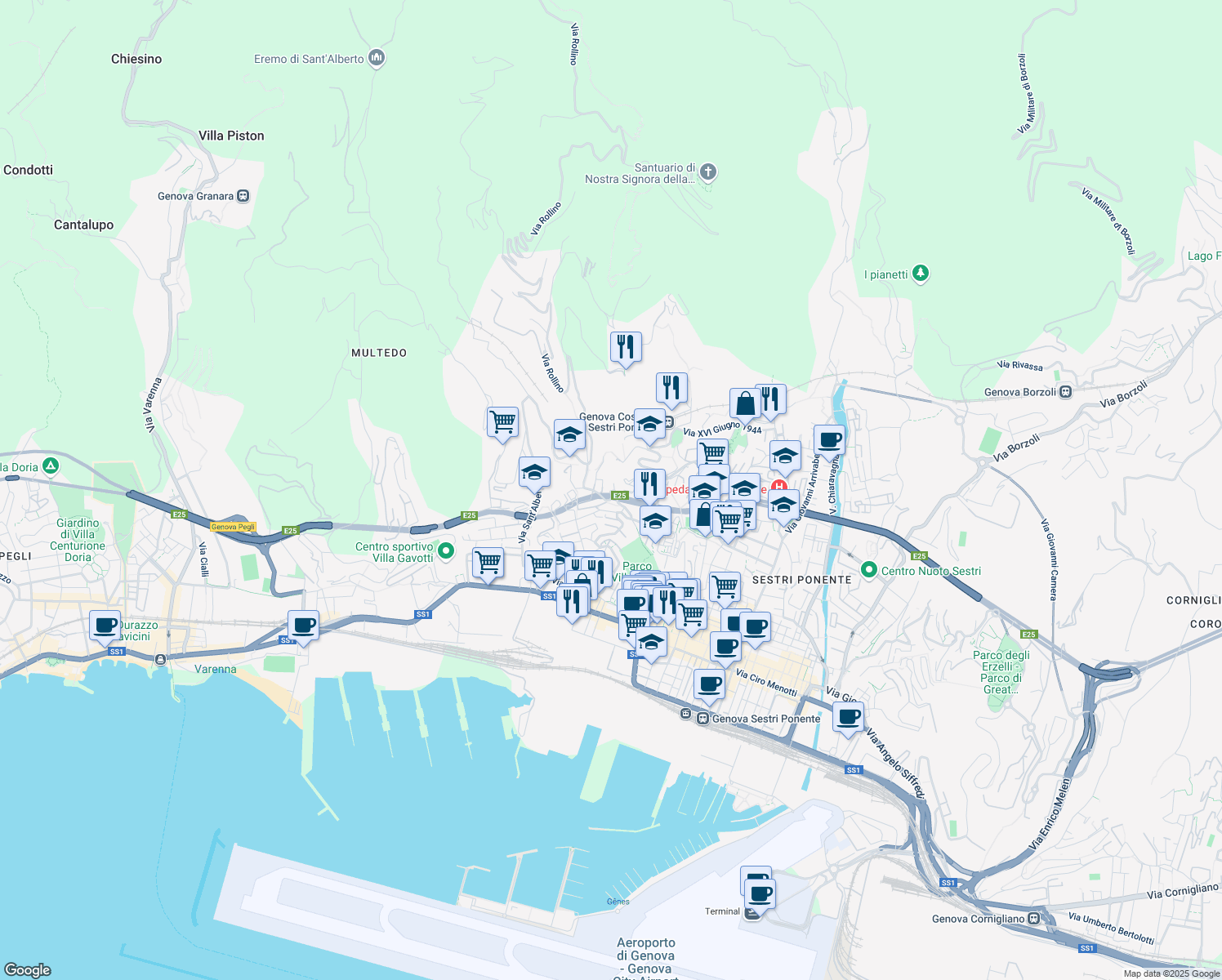 map of restaurants, bars, coffee shops, grocery stores, and more near Salita Cataldi in Genoa