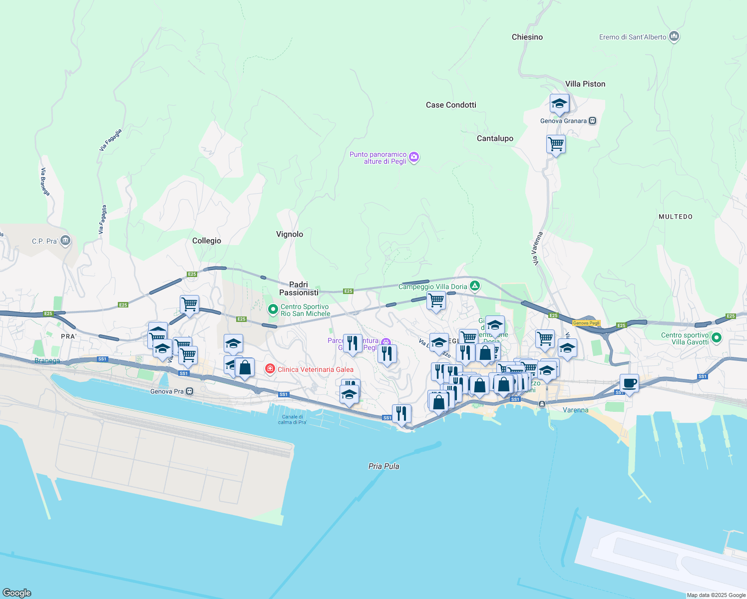 map of restaurants, bars, coffee shops, grocery stores, and more near 56 Via Emilio Salgari in Genova