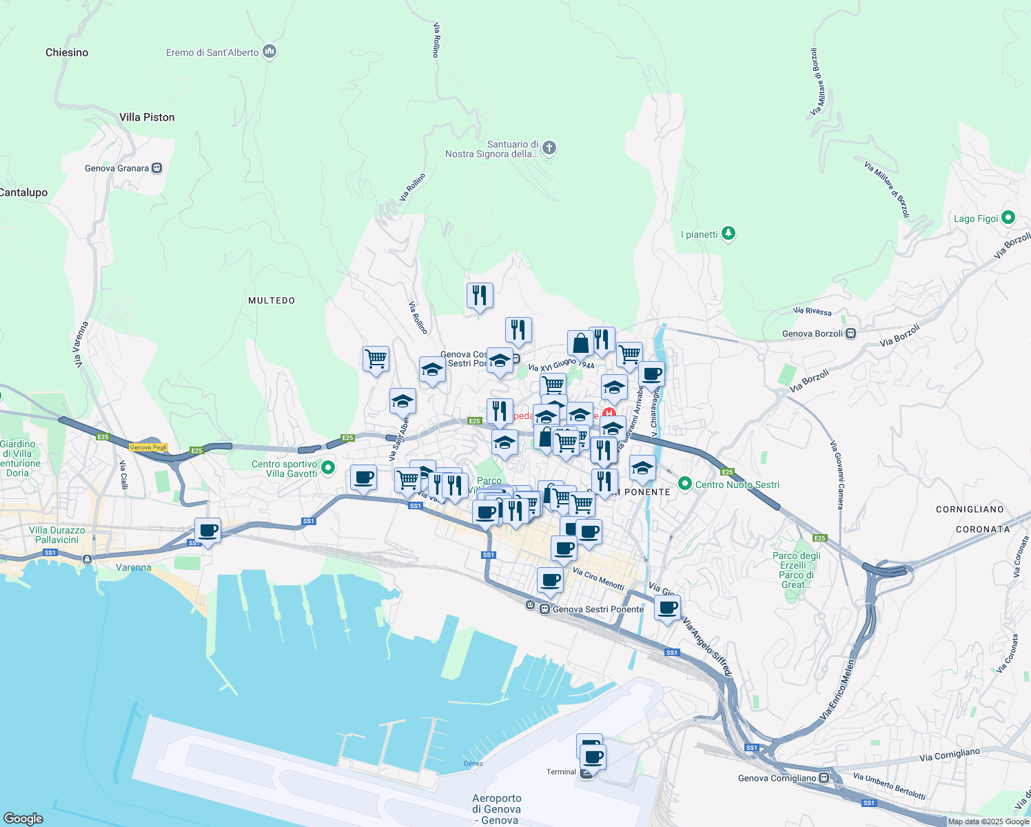 map of restaurants, bars, coffee shops, grocery stores, and more near Via Santa Maria della Costa in Genoa