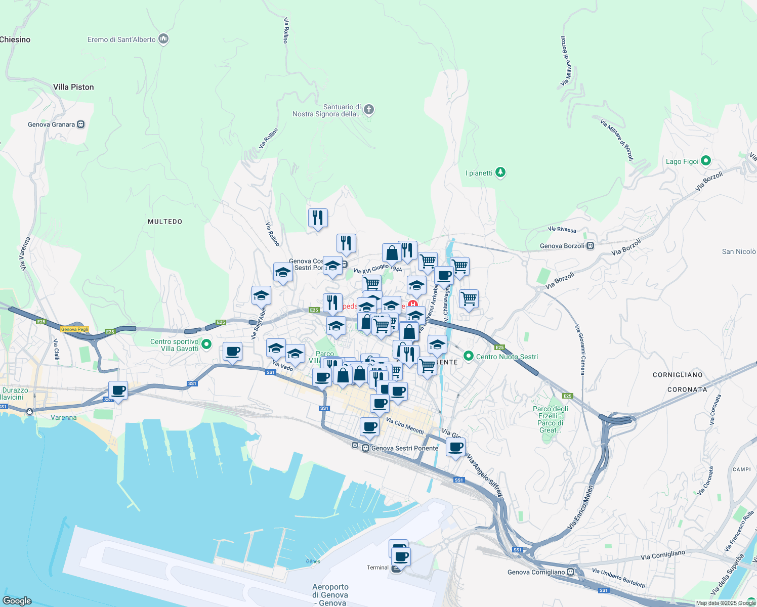 map of restaurants, bars, coffee shops, grocery stores, and more near 49 Via Paolo Toscanelli in Genoa