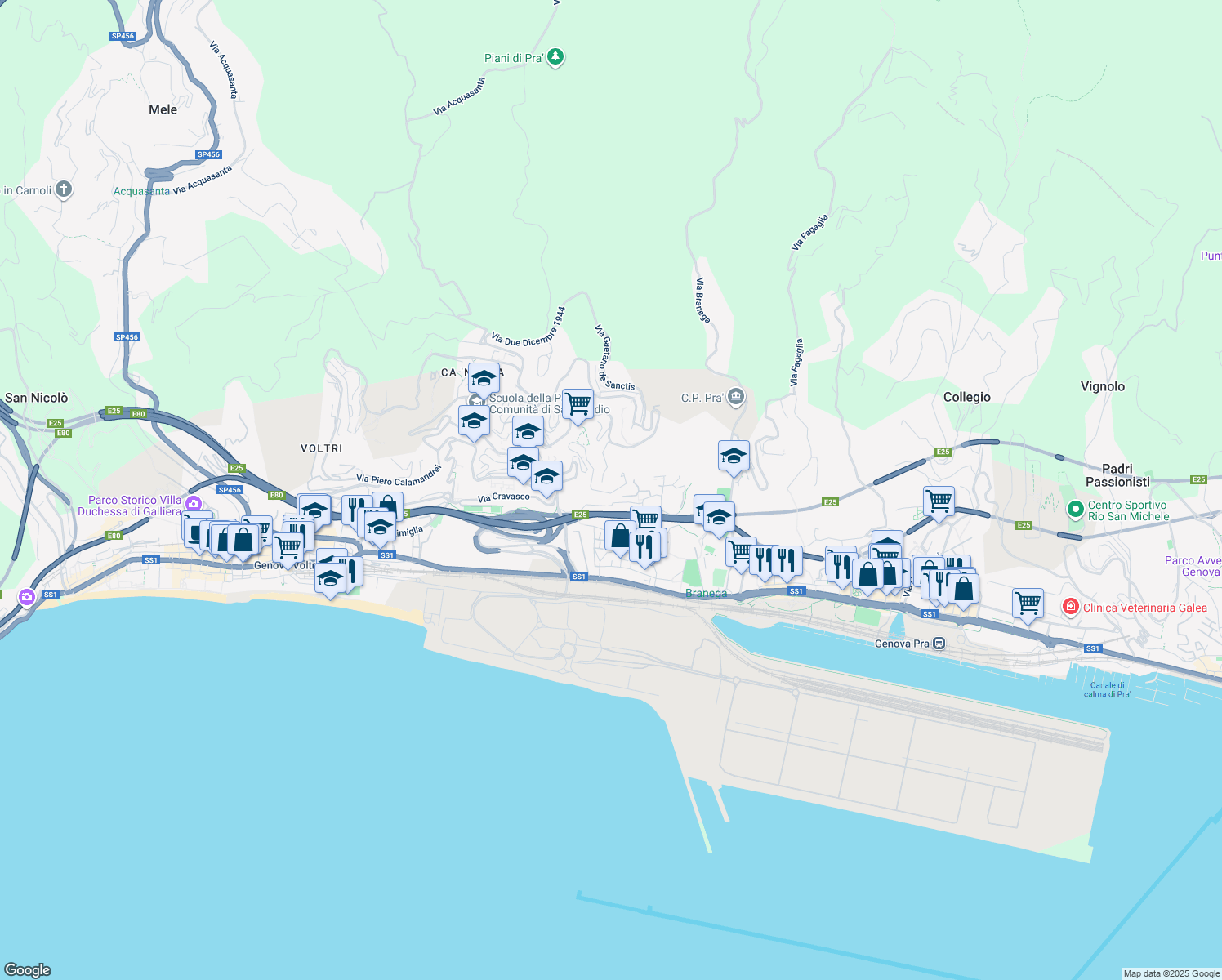 map of restaurants, bars, coffee shops, grocery stores, and more near 132 Via Evasio Montanella in Genoa
