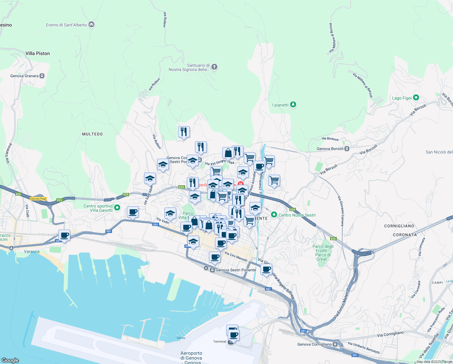 map of restaurants, bars, coffee shops, grocery stores, and more near Via Pian di Forno in Genoa