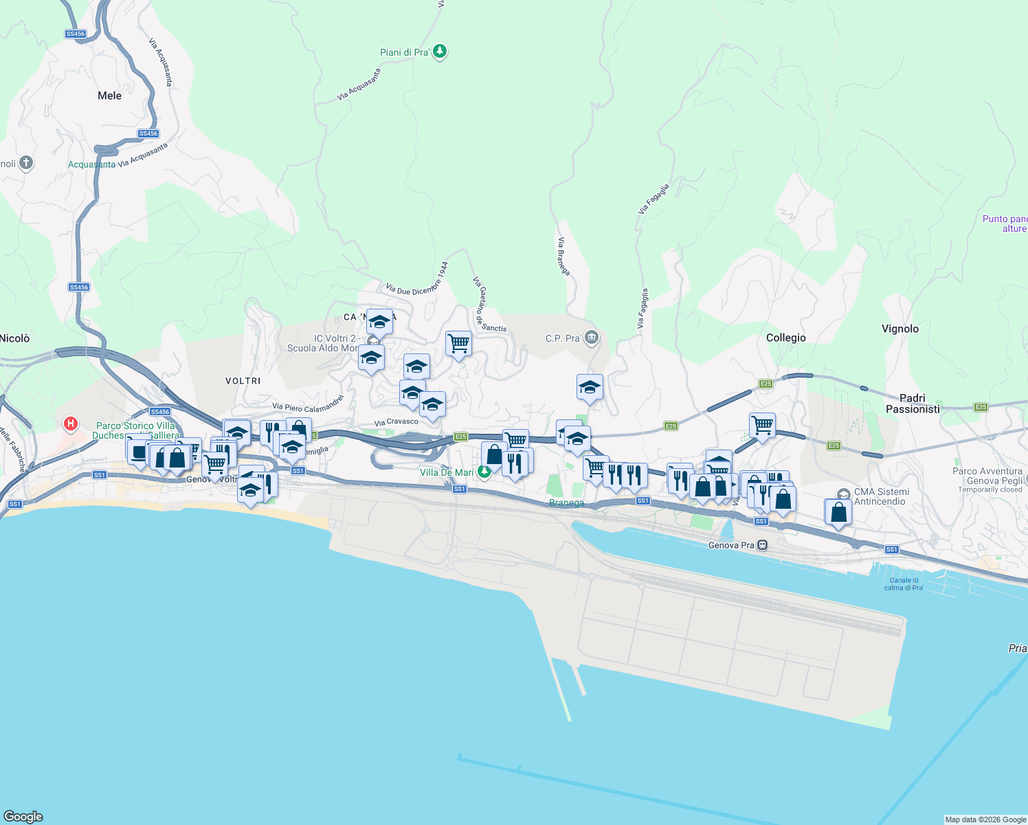 map of restaurants, bars, coffee shops, grocery stores, and more near 70B Via Diano Marina in Genova