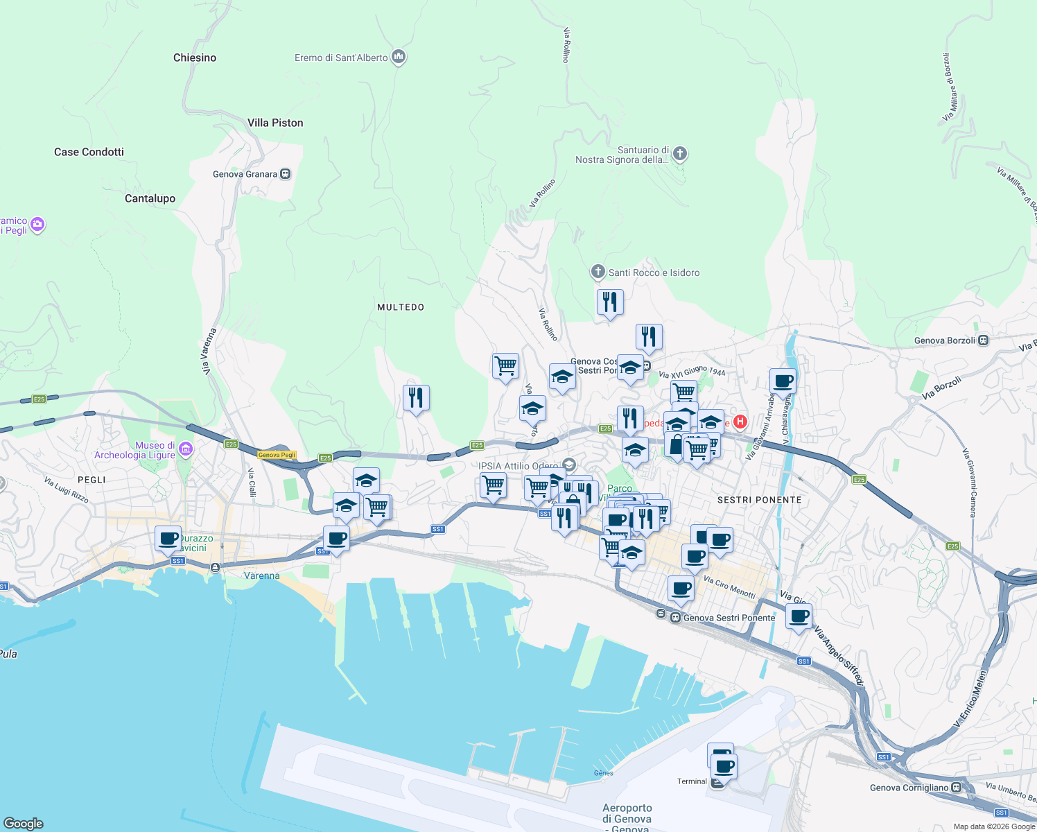 map of restaurants, bars, coffee shops, grocery stores, and more near 34 Via Sant'Alberto in Genova