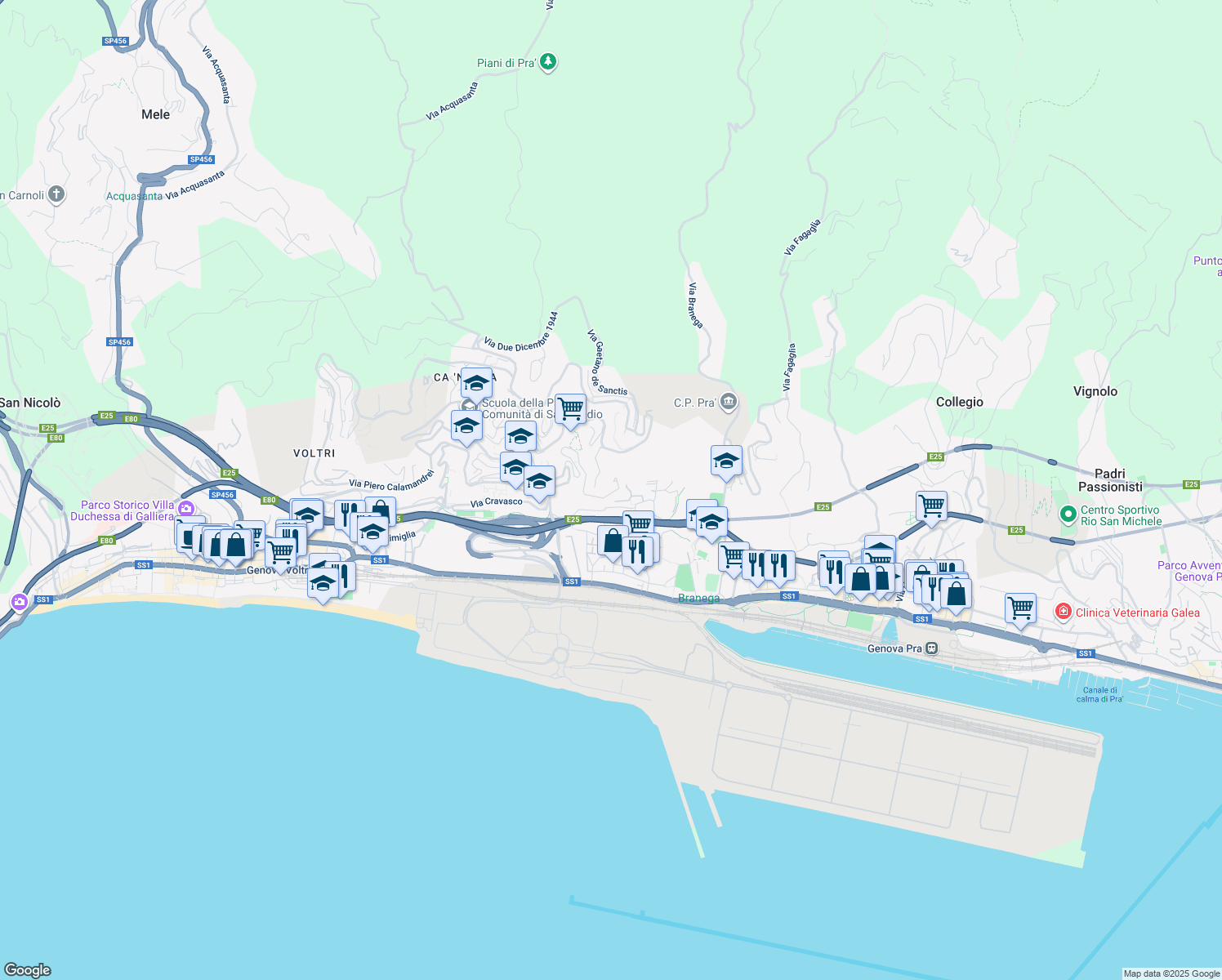 map of restaurants, bars, coffee shops, grocery stores, and more near 132 Via Evasio Montanella in Genova