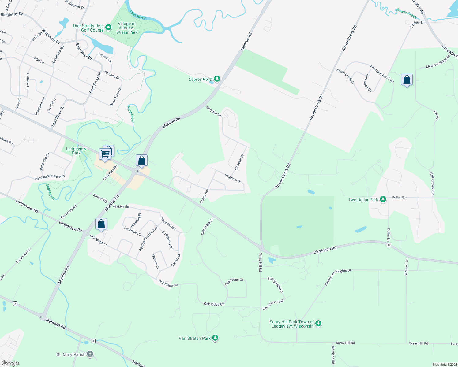 map of restaurants, bars, coffee shops, grocery stores, and more near 1405 Kuyper Ln in De Pere