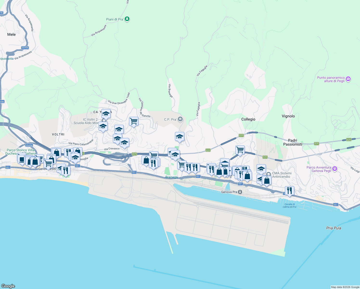 map of restaurants, bars, coffee shops, grocery stores, and more near 40 Via Branega in Genova