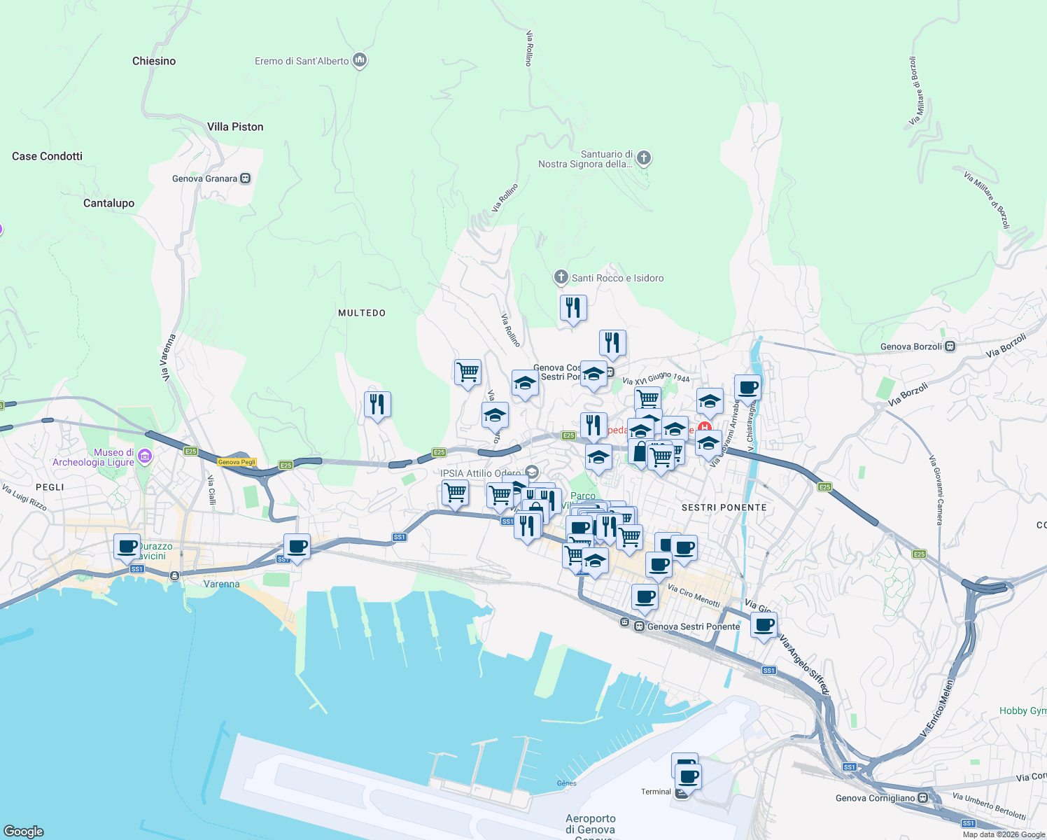 map of restaurants, bars, coffee shops, grocery stores, and more near Via Briscata in Genoa