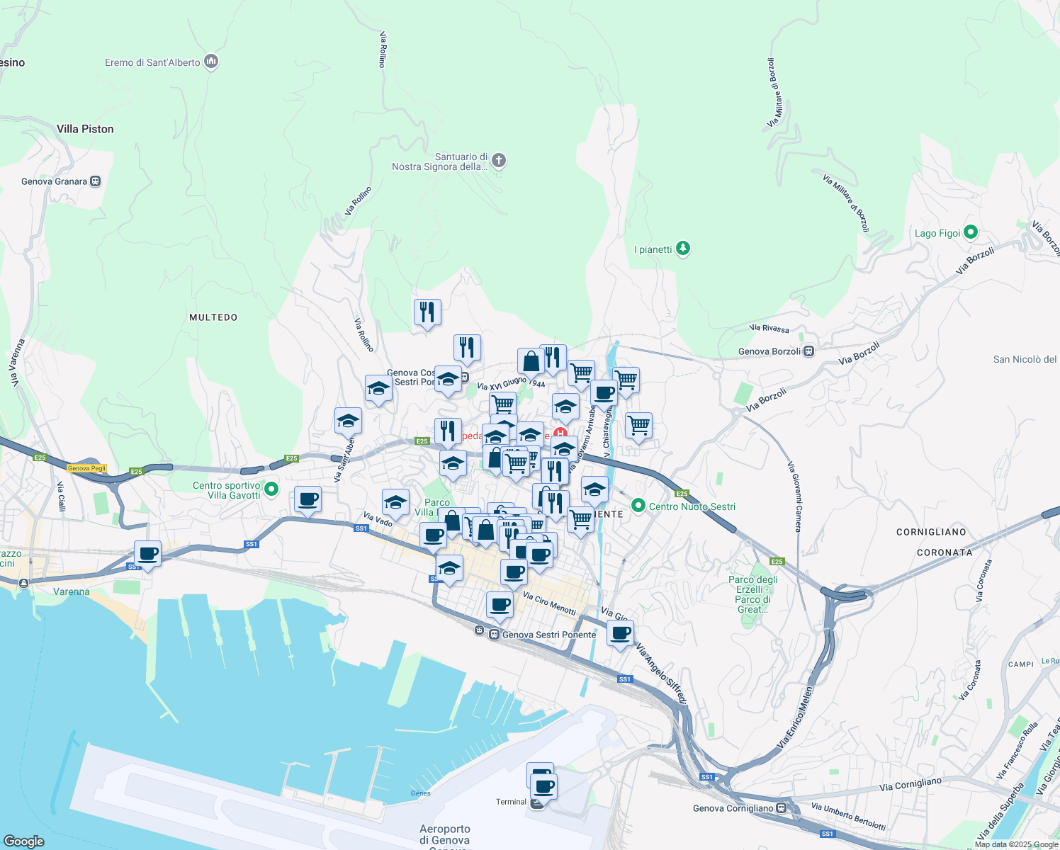 map of restaurants, bars, coffee shops, grocery stores, and more near Via Pian di Forno in Genova
