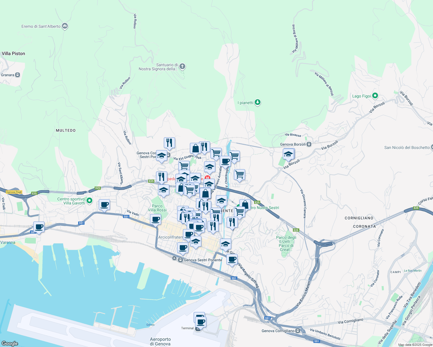 map of restaurants, bars, coffee shops, grocery stores, and more near 161 Via Giovanni Arrivabene in Genoa