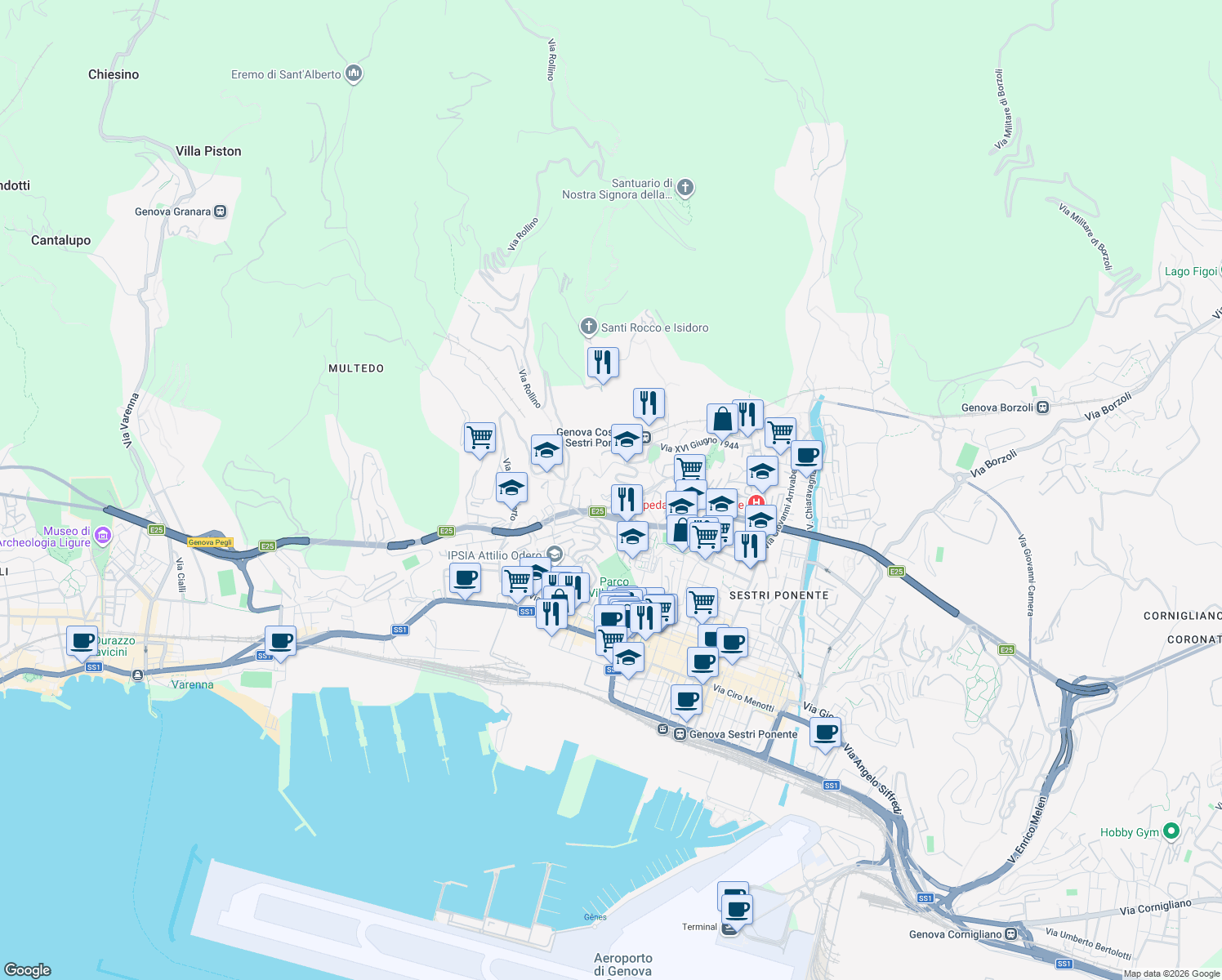 map of restaurants, bars, coffee shops, grocery stores, and more near 44 Via Jacopo Bonfadio in Genoa