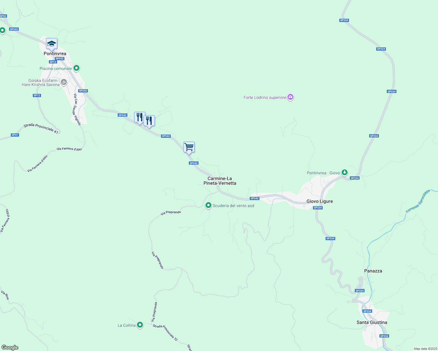 map of restaurants, bars, coffee shops, grocery stores, and more near 50 Via Giovo in Carmine-la Pineta-vernetta